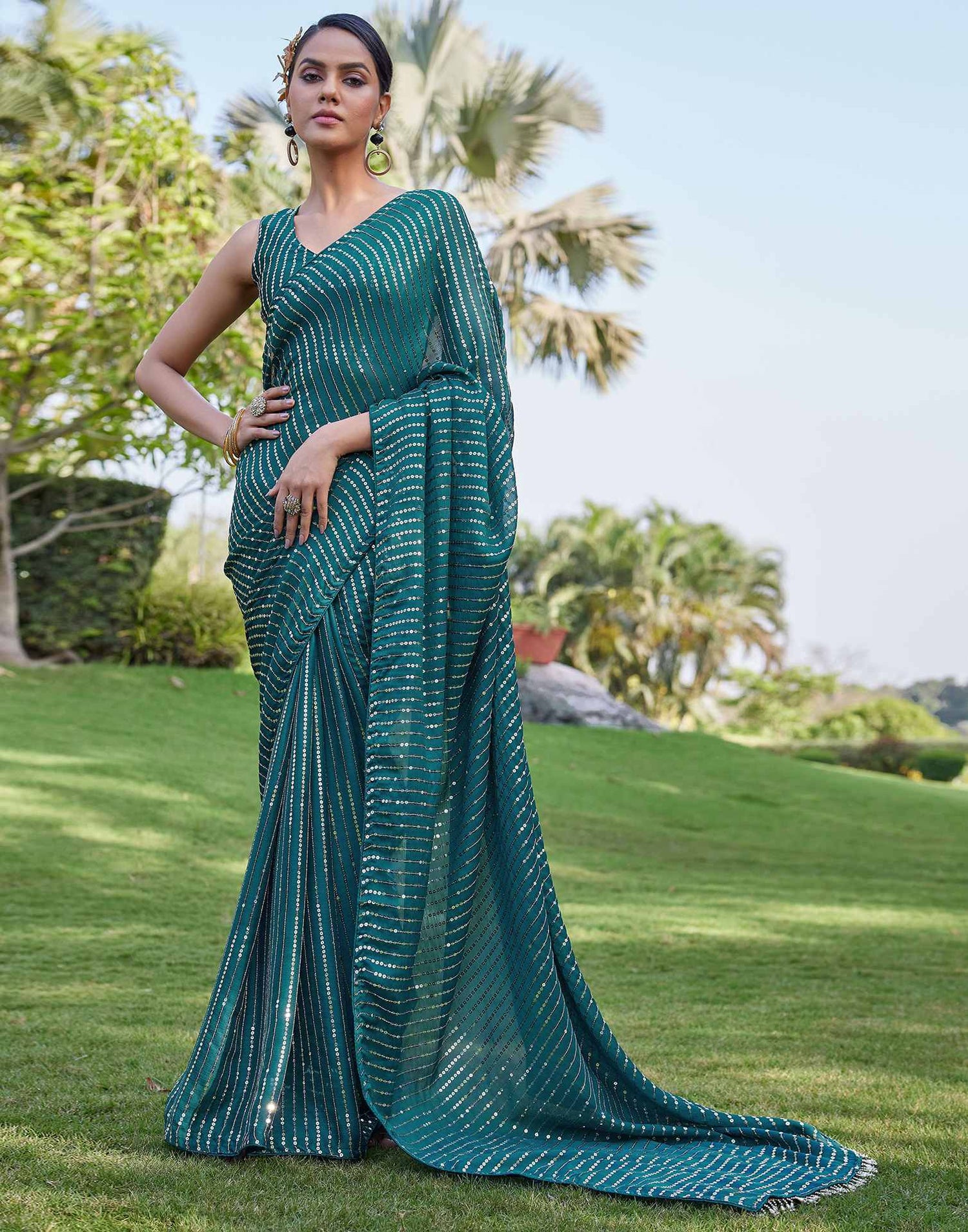 Rama Green Satin Sequence Saree