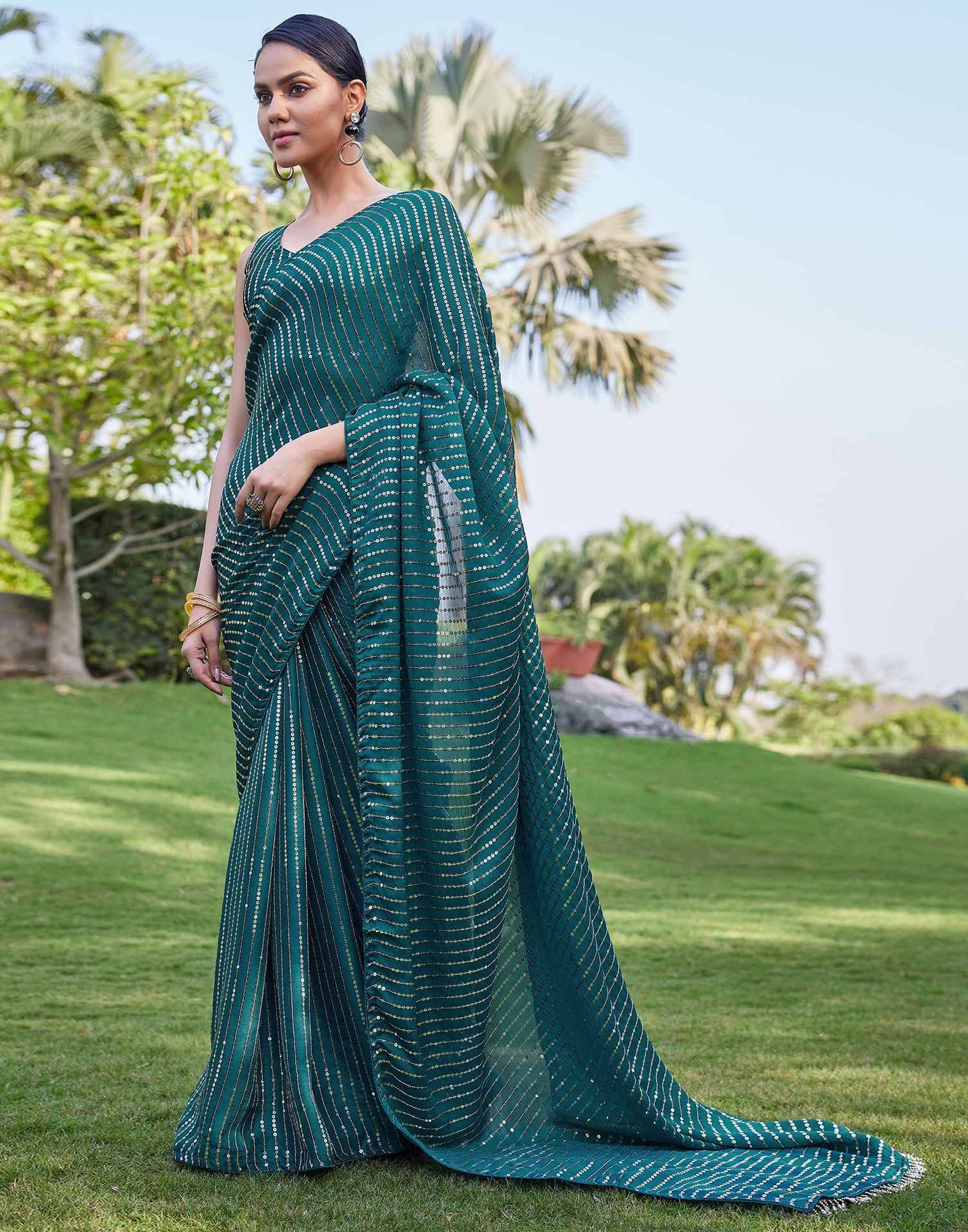 Rama Green Satin Sequence Saree