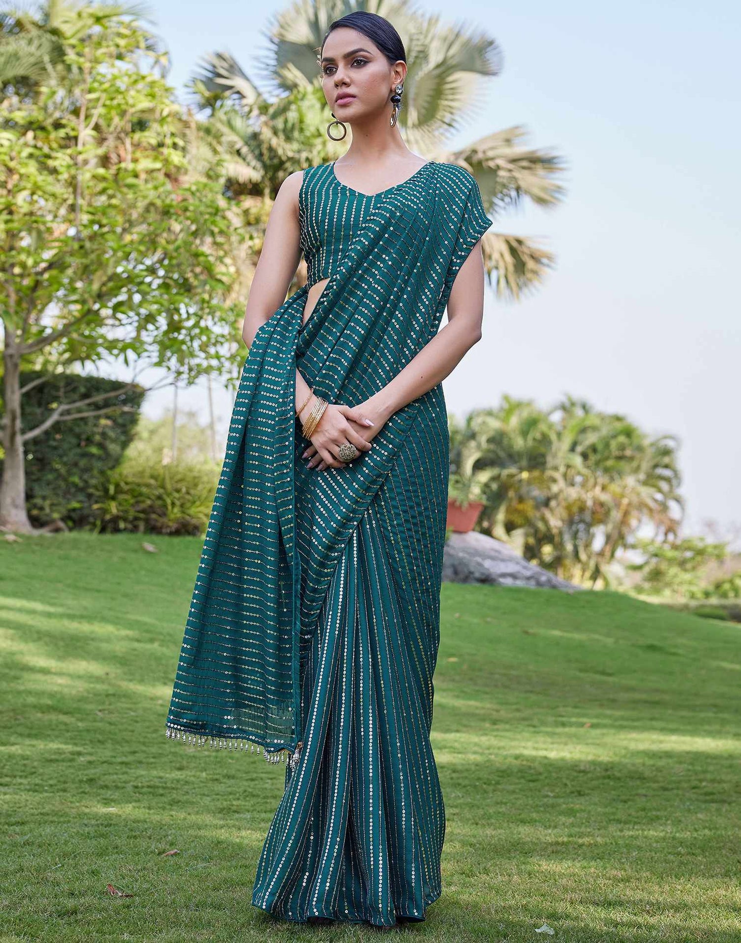 Rama Green Satin Sequence Saree