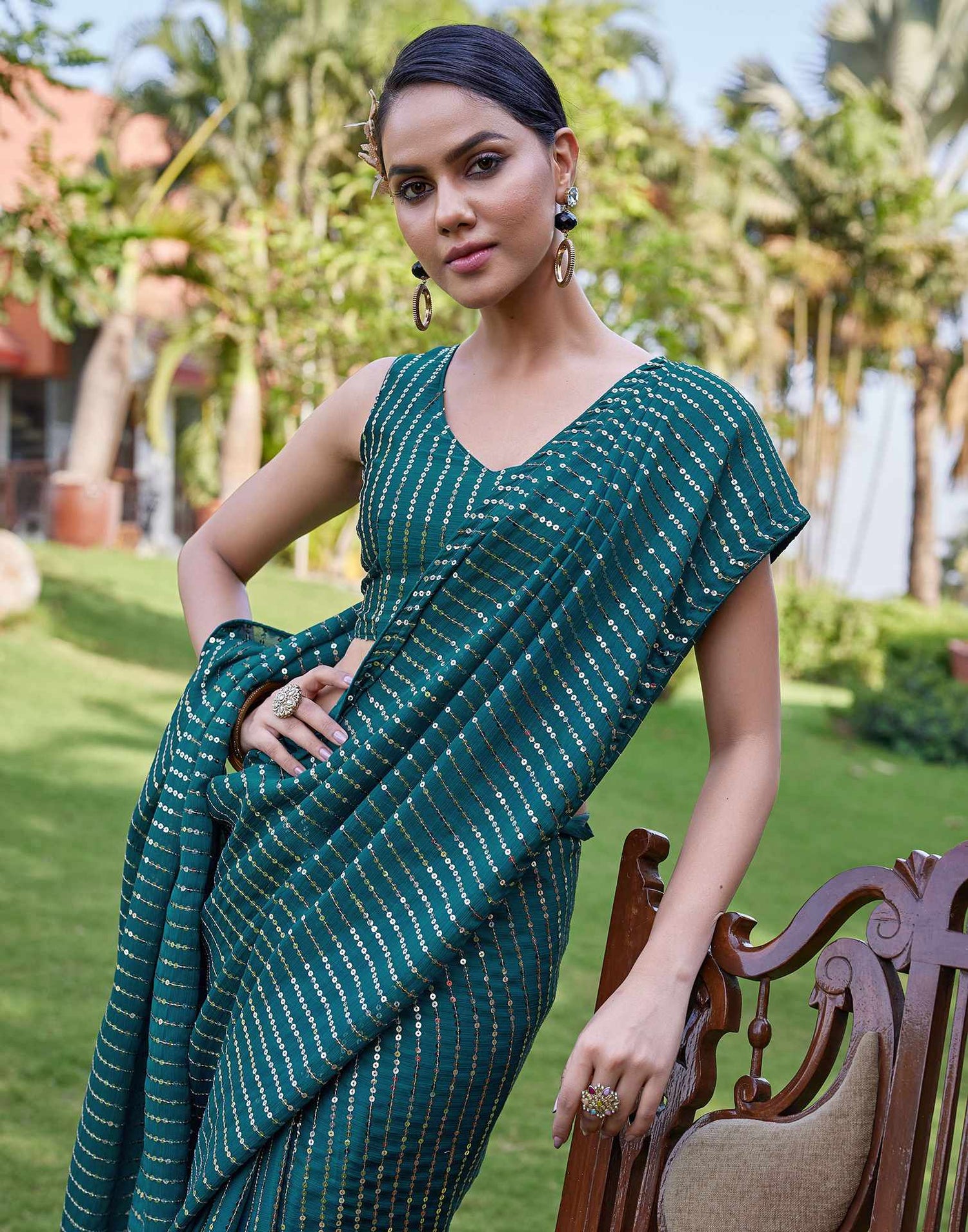 Rama Green Satin Sequence Saree