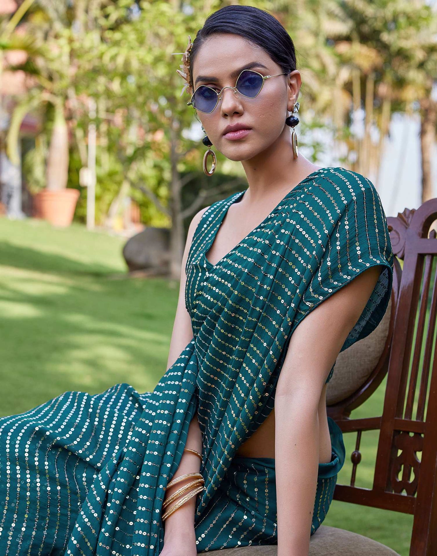 Rama Green Satin Sequence Saree