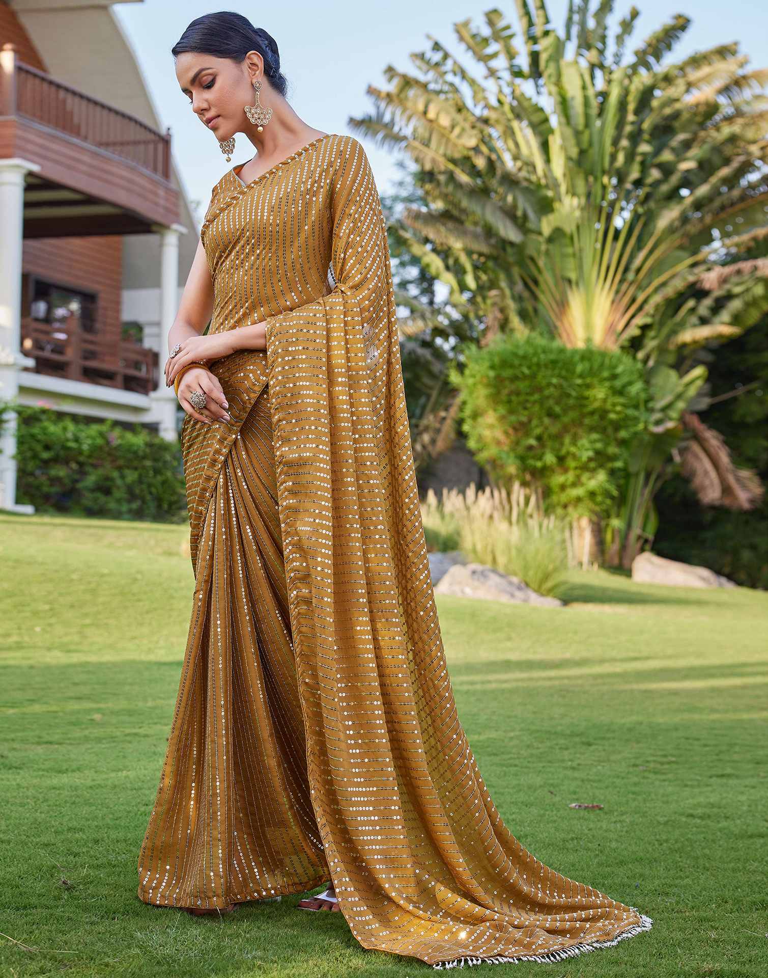 Mustard Yellow Satin Sequence Saree