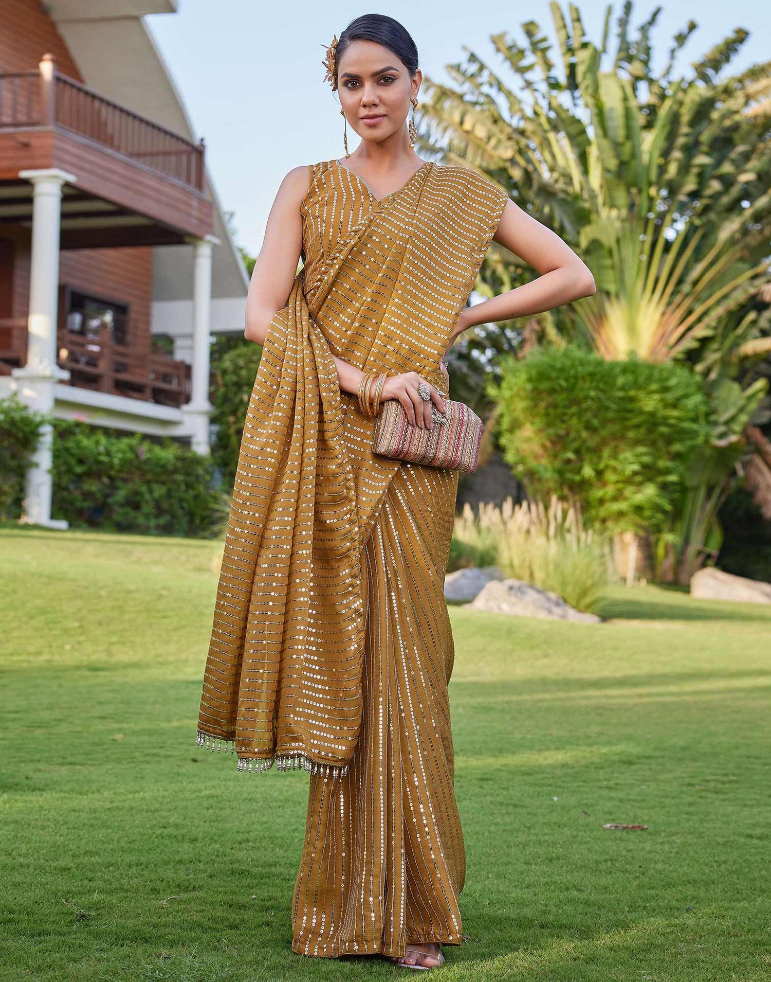 Mustard Yellow Satin Sequence Saree