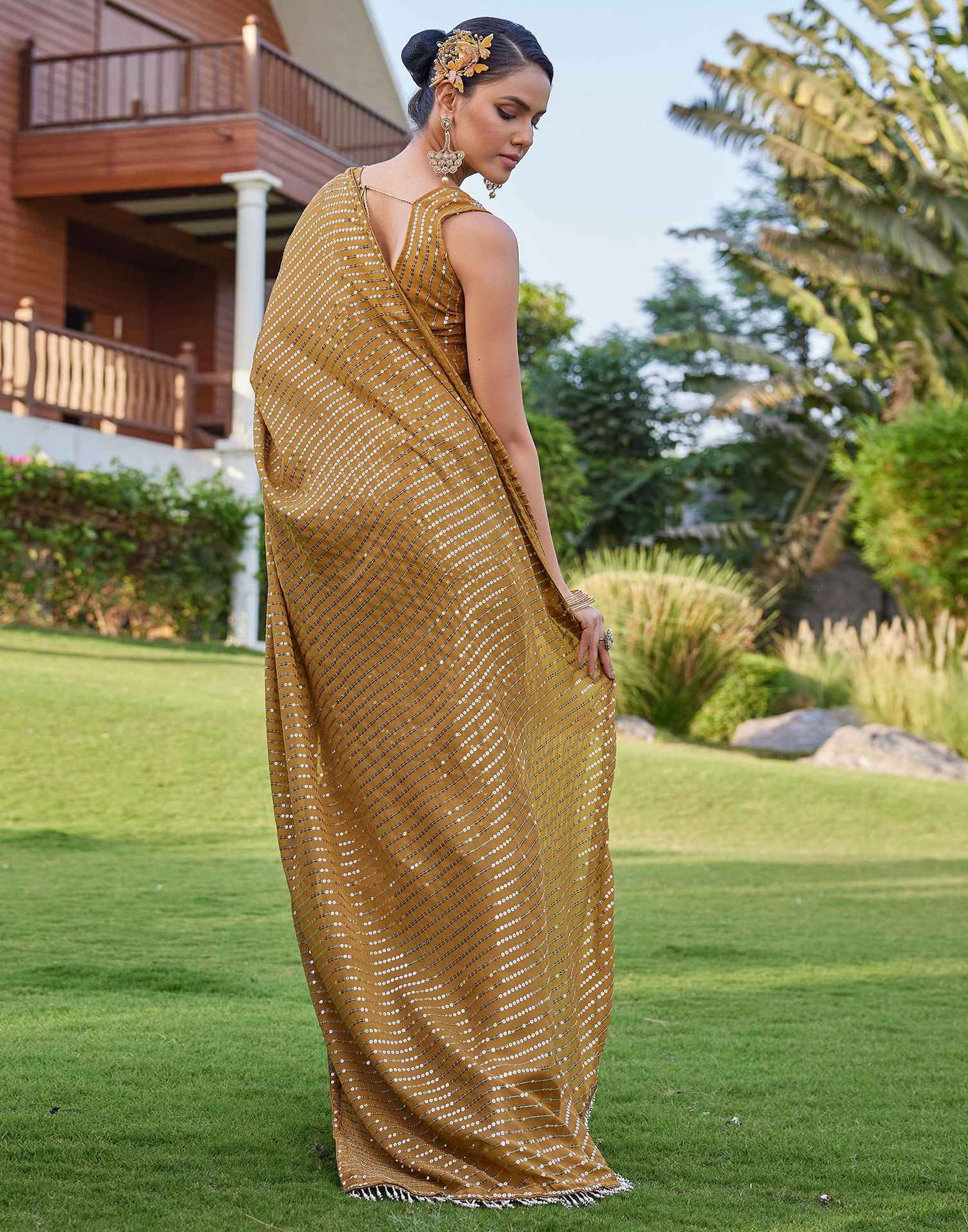 Mustard Yellow Satin Sequence Saree