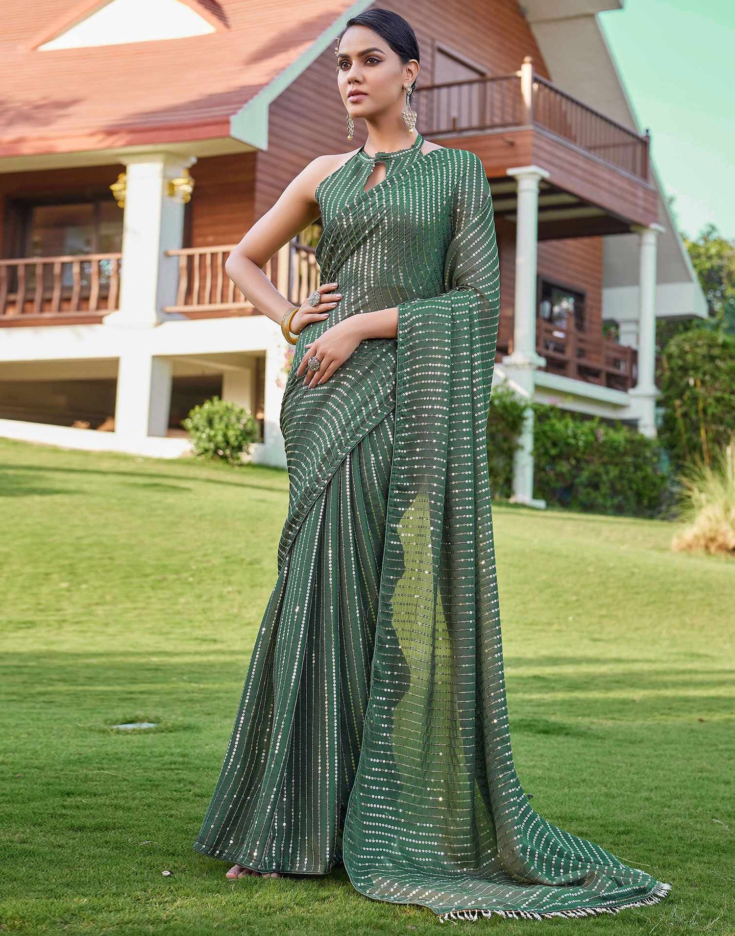 Dusty Green Satin Sequence Saree