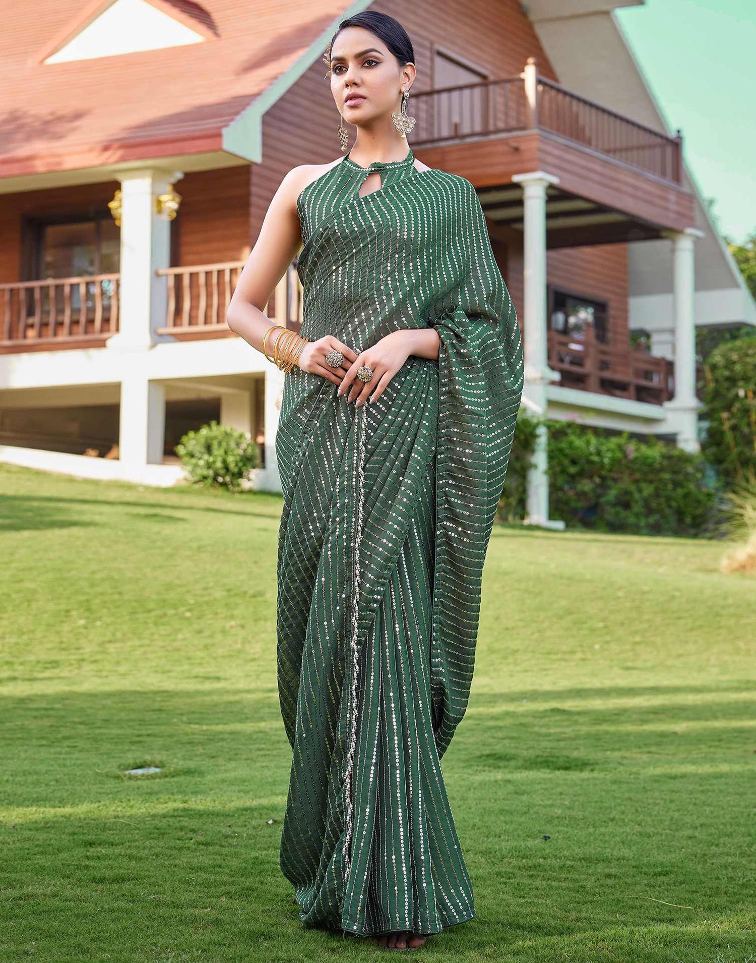 Dusty Green Satin Sequence Saree