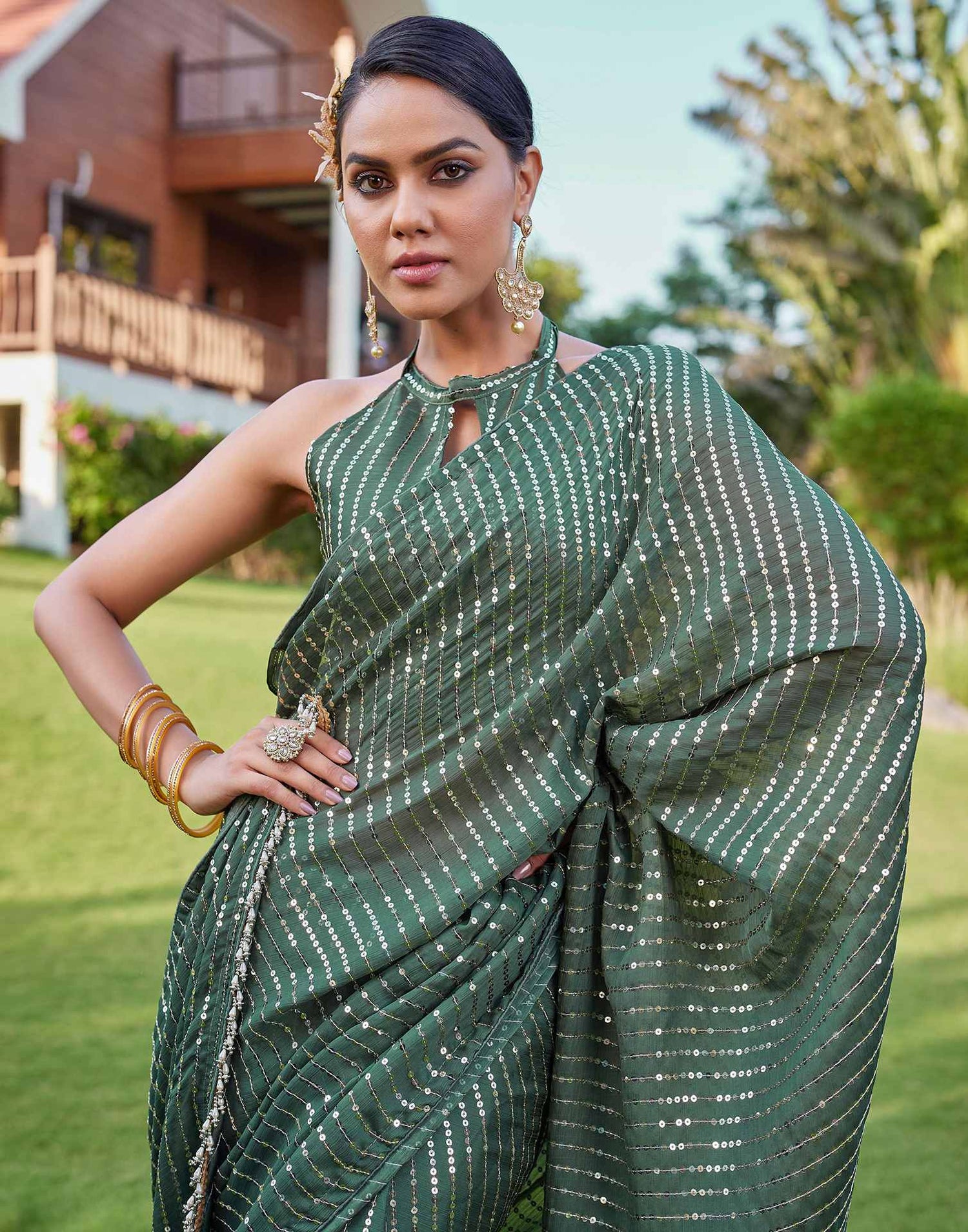 Dusty Green Satin Sequence Saree