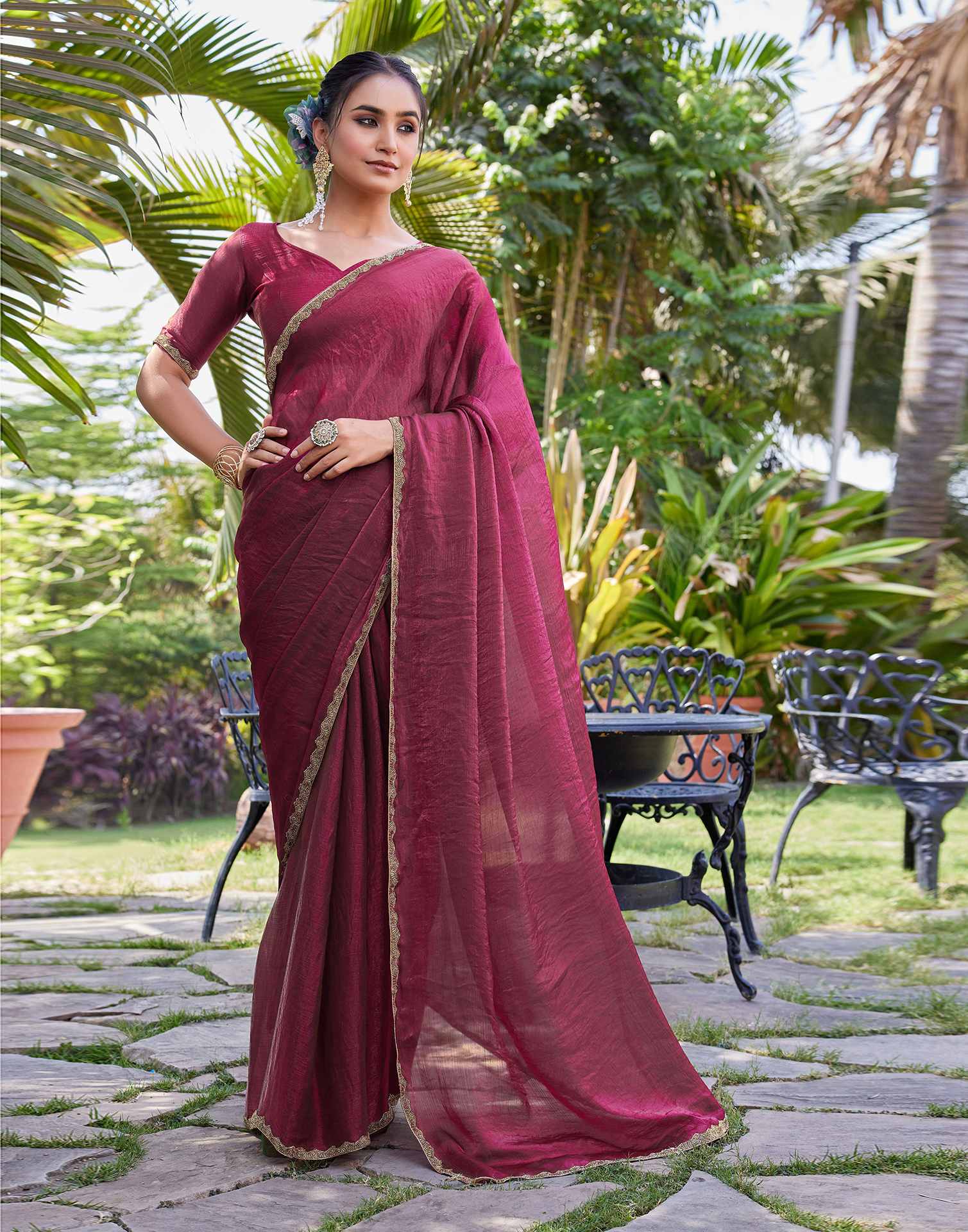 Dark Rani Pink Shimmer Lace Plain Saree