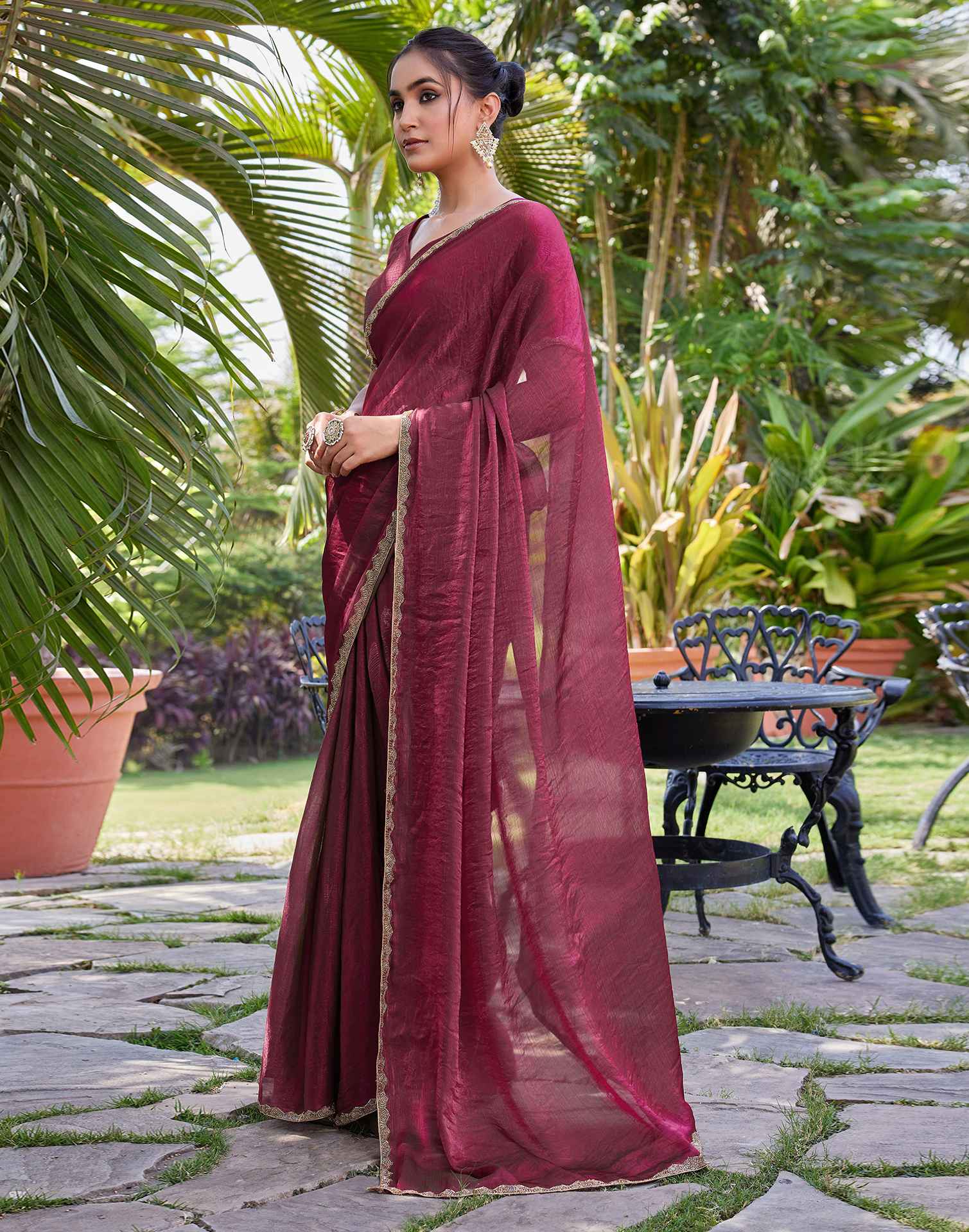 Dark Rani Pink Shimmer Lace Plain Saree