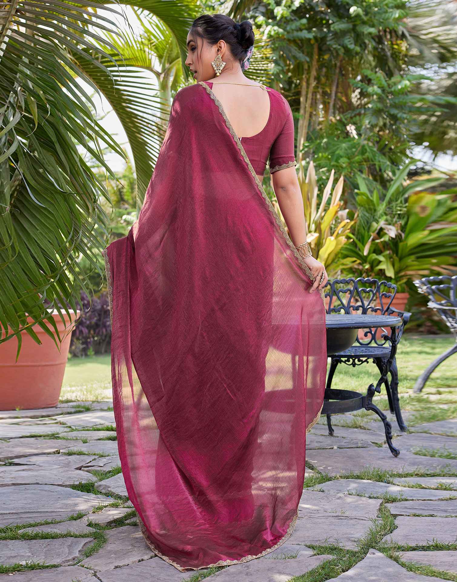 Dark Rani Pink Shimmer Lace Plain Saree