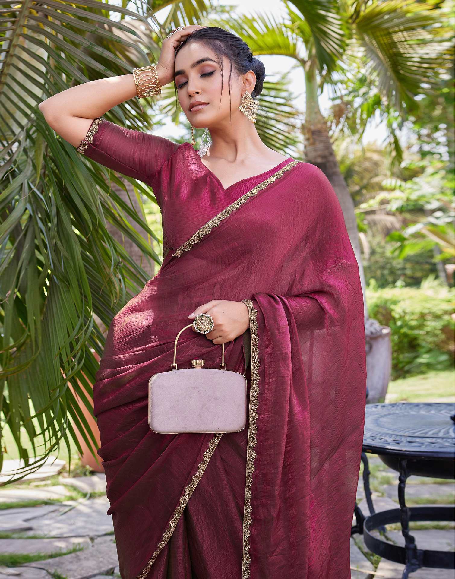Dark Rani Pink Shimmer Lace Plain Saree