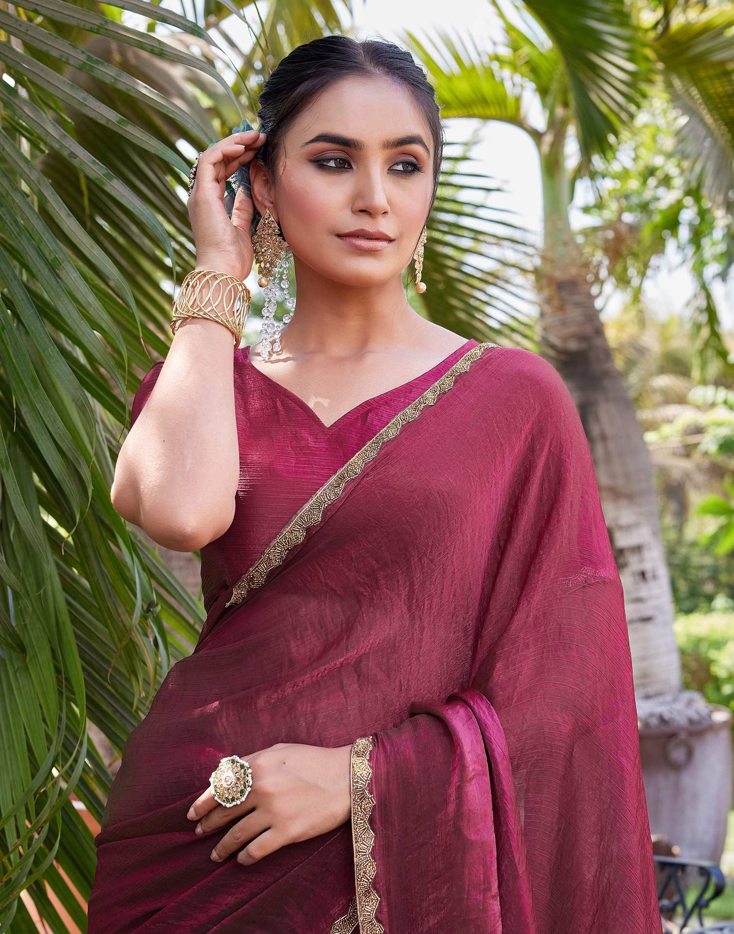 Dark Rani Pink Shimmer Lace Plain Saree