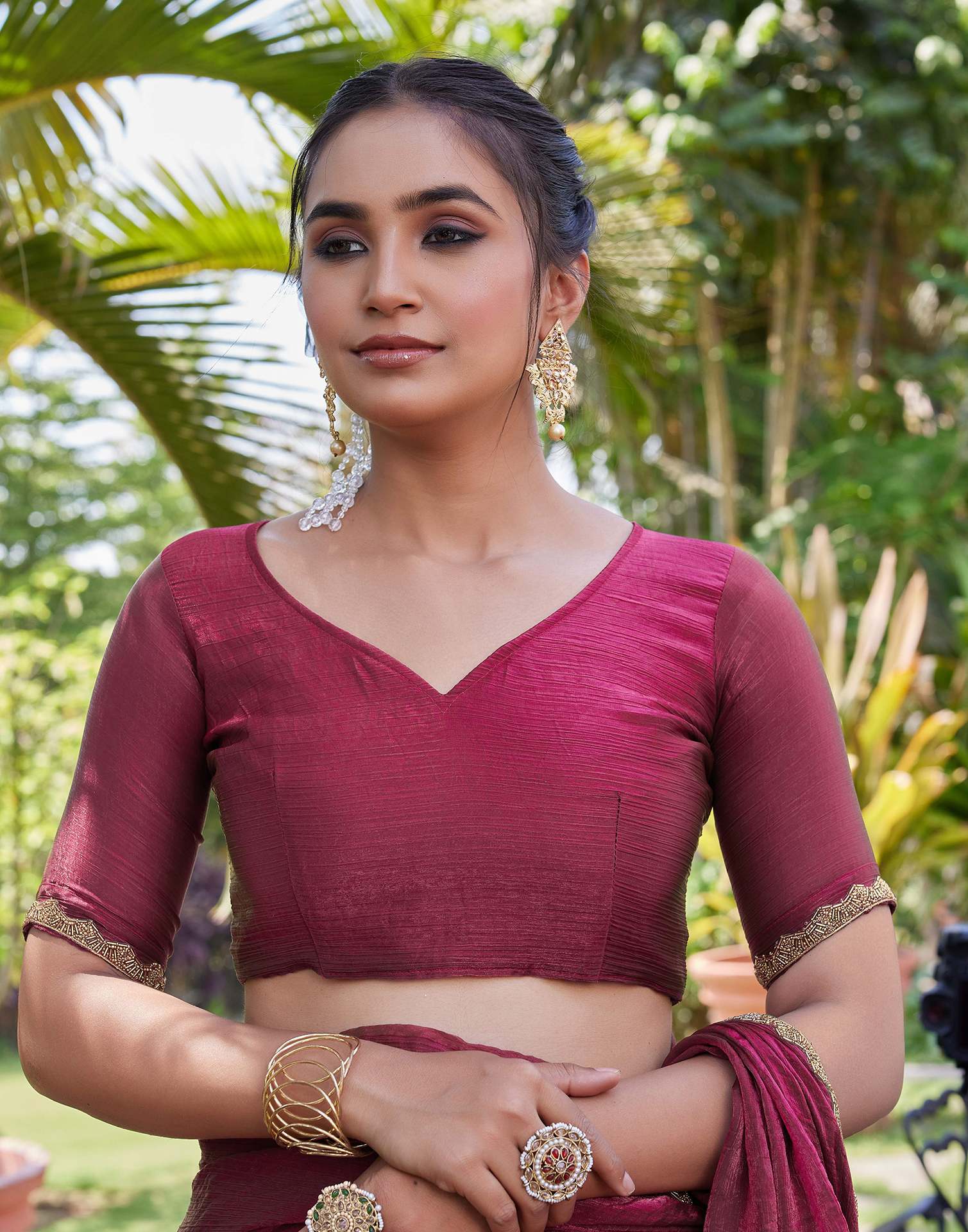 Dark Rani Pink Shimmer Lace Plain Saree