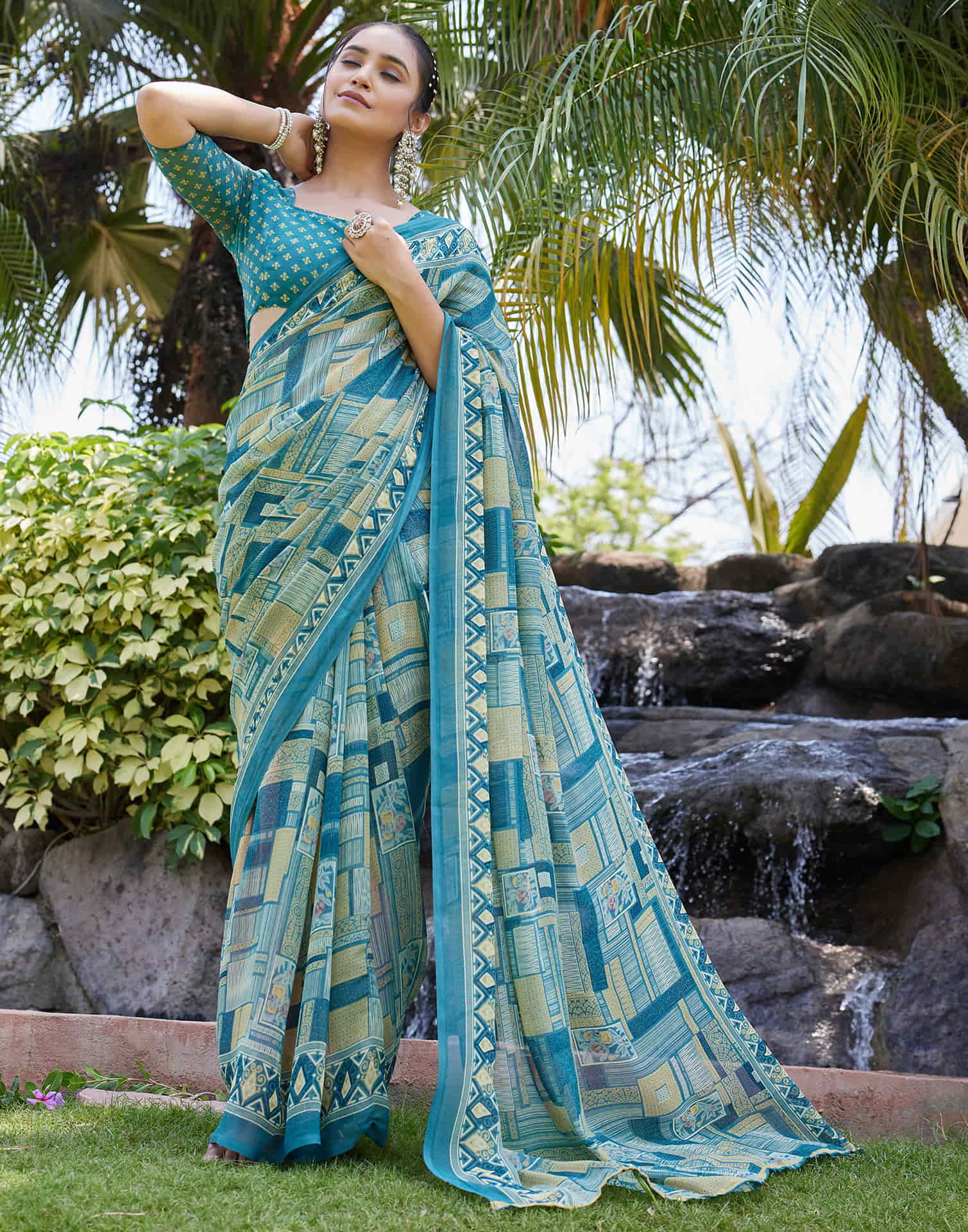 Teal Green Georgette Printed Saree