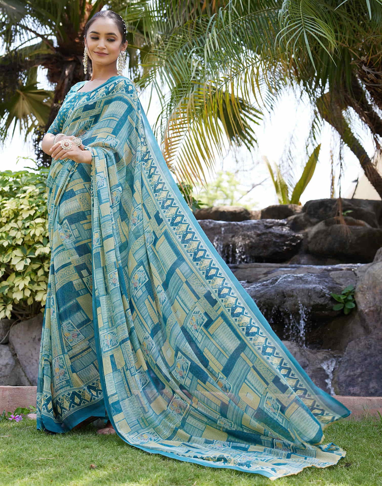 Teal Green Georgette Printed Saree