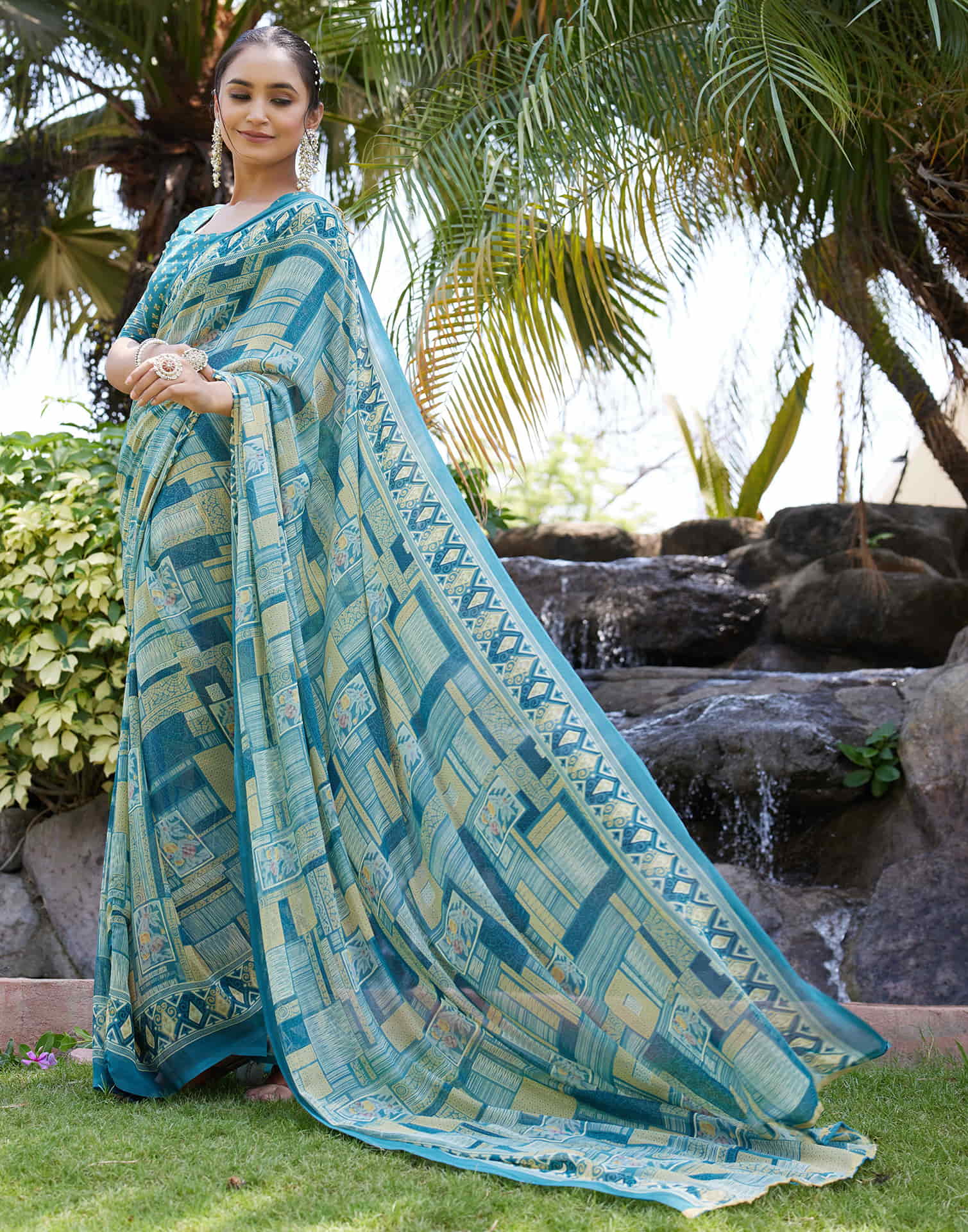 Teal Green Georgette Printed Saree