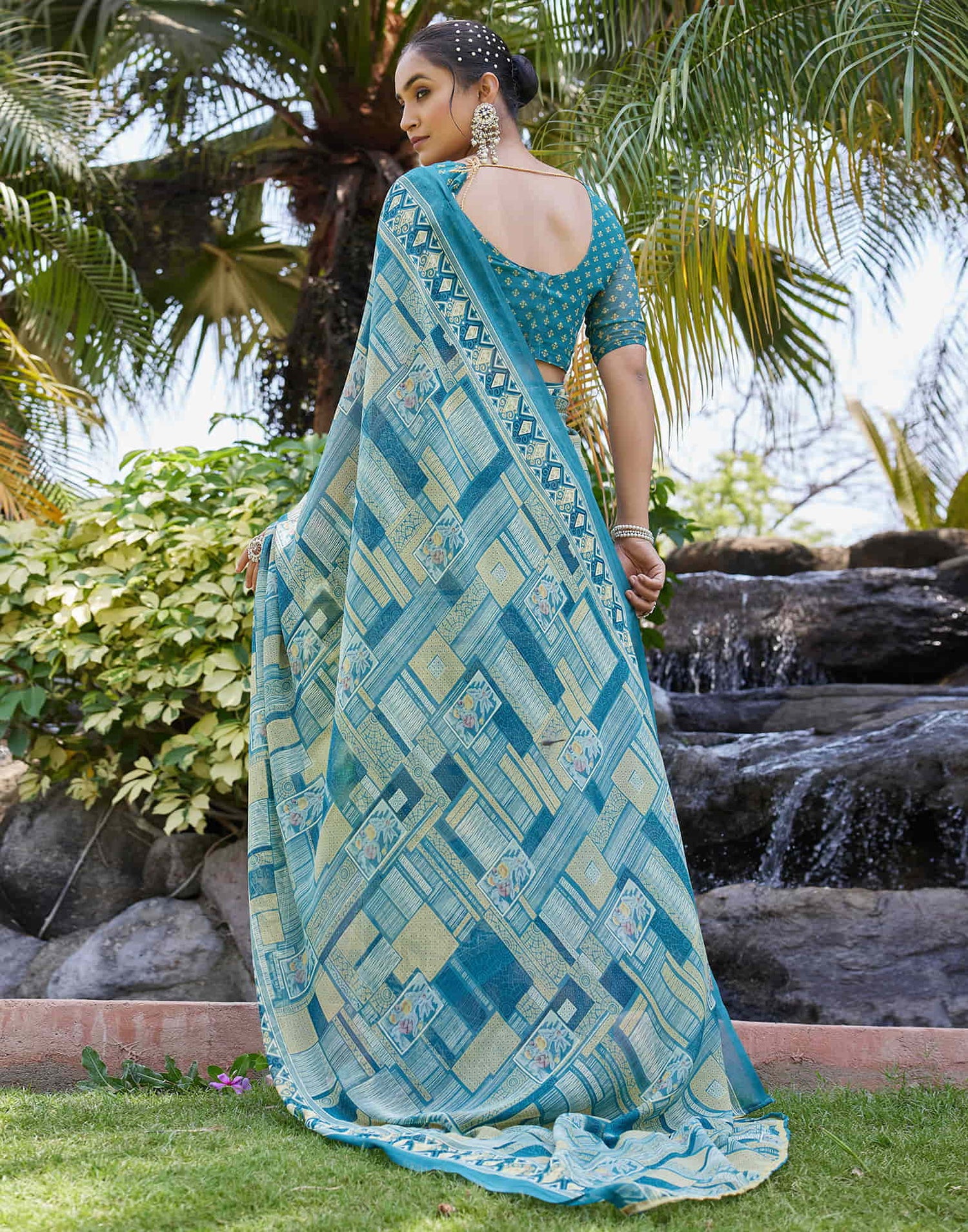 Teal Green Georgette Printed Saree