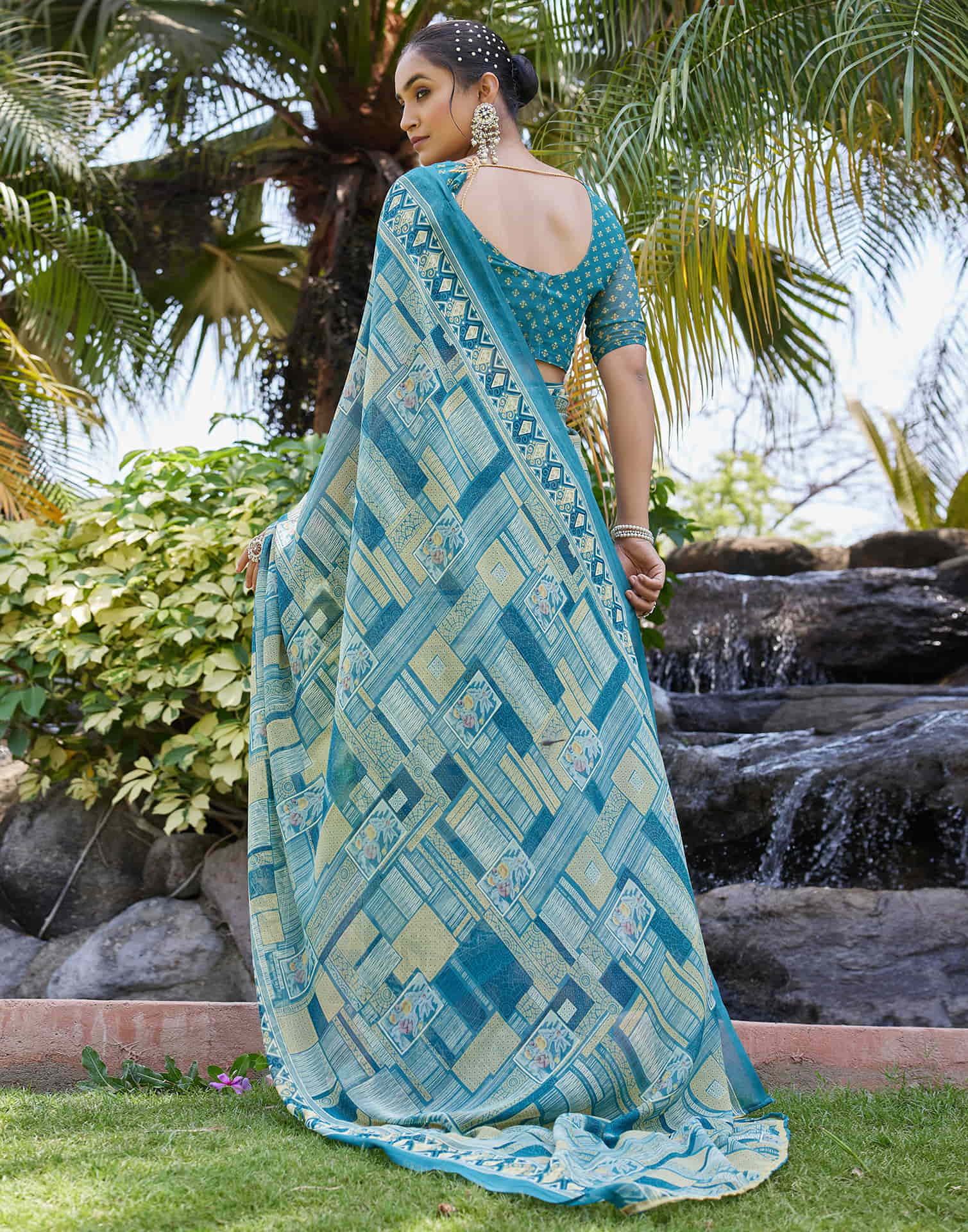 Teal Green Georgette Printed Saree