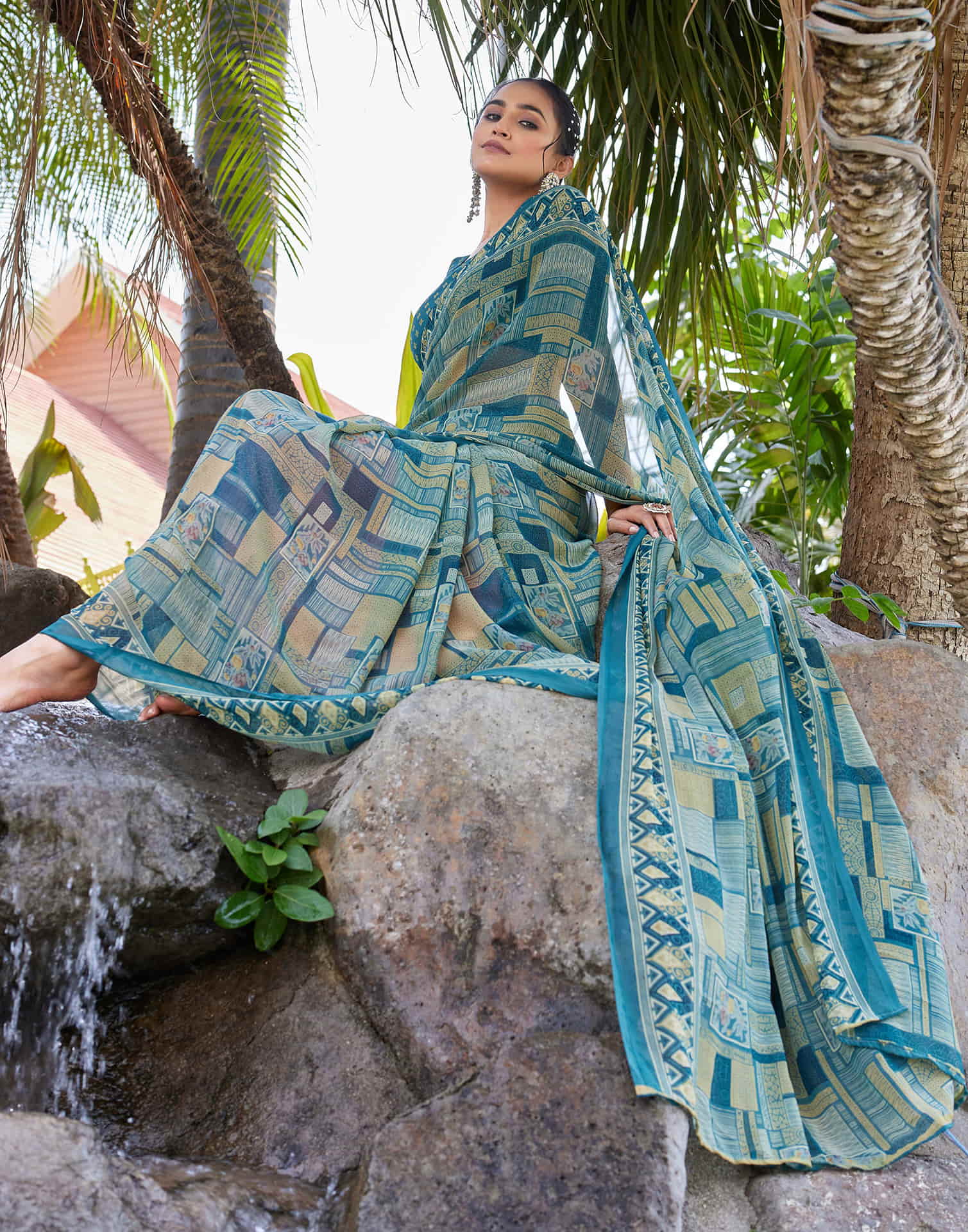 Teal Green Georgette Printed Saree