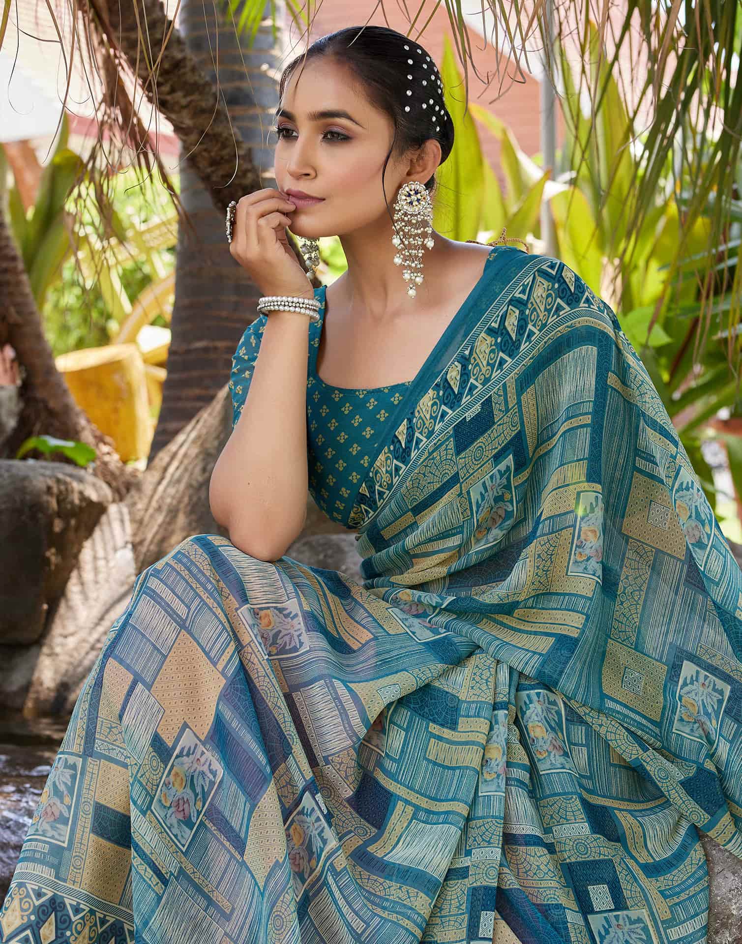 Teal Green Georgette Printed Saree