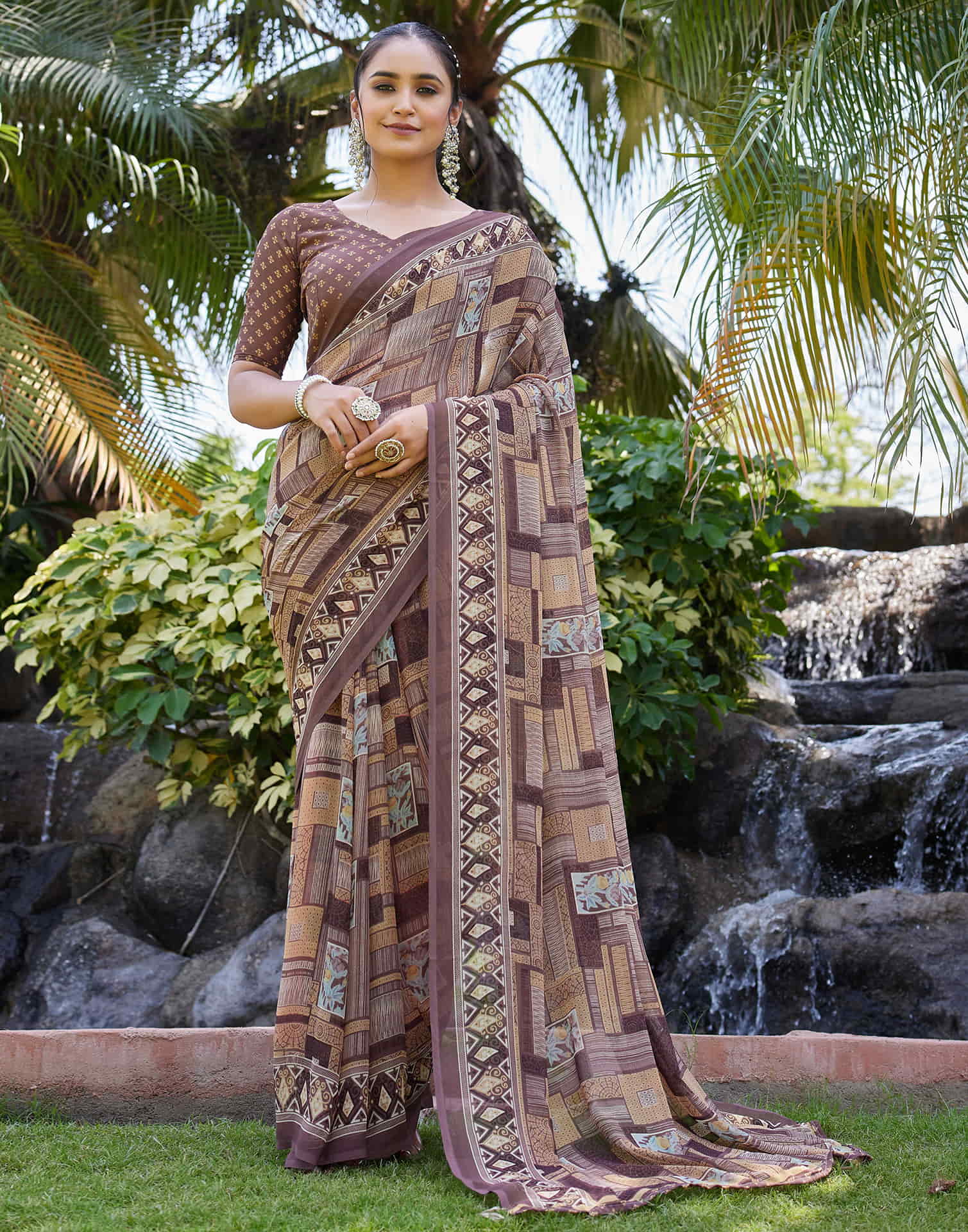 Brown Georgette Printed Saree