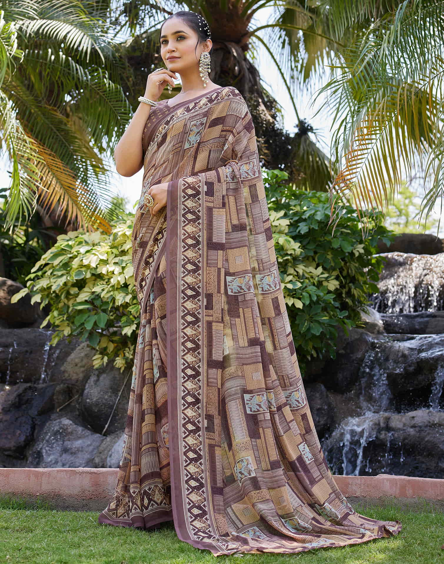 Brown Georgette Printed Saree