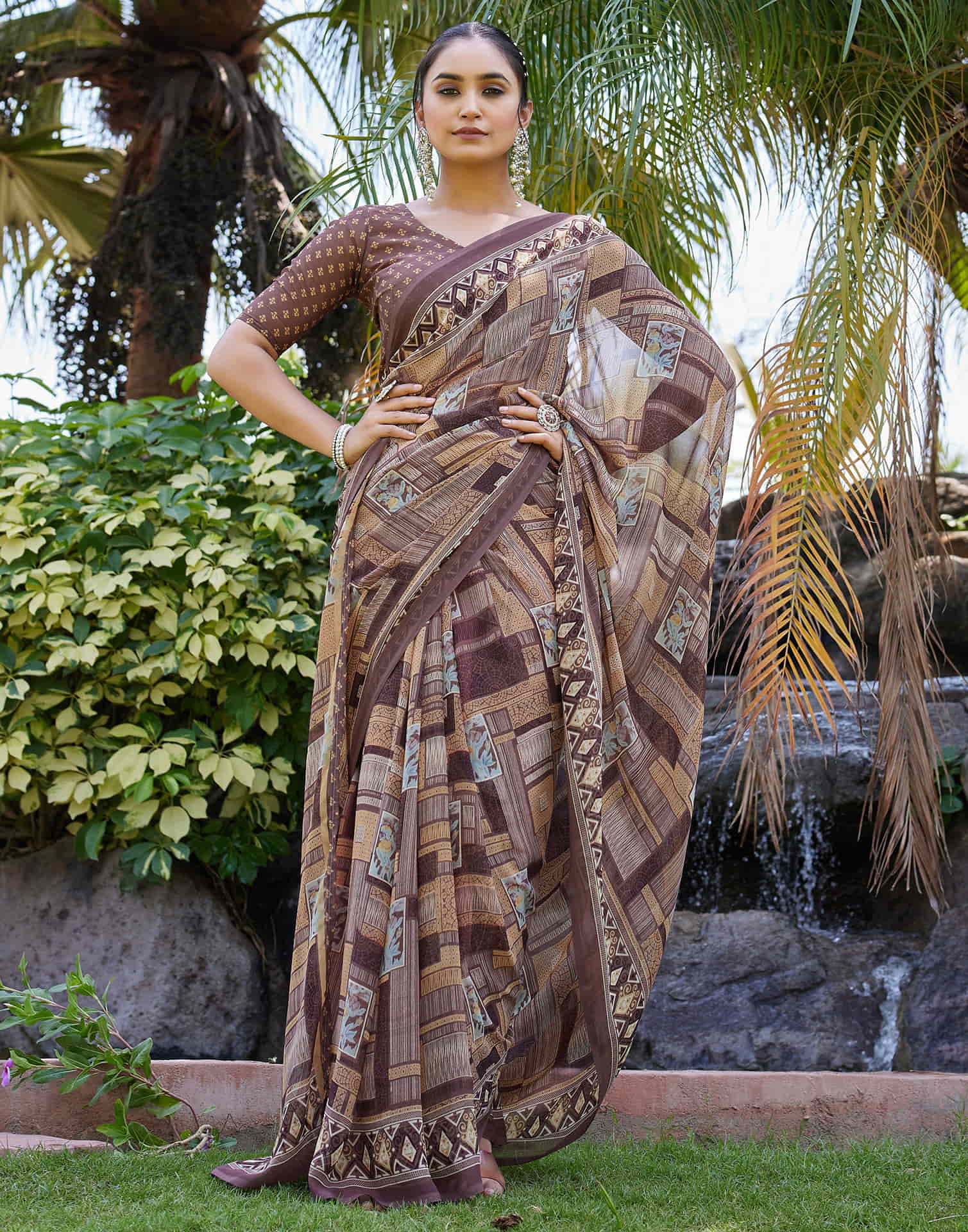 Brown Georgette Printed Saree