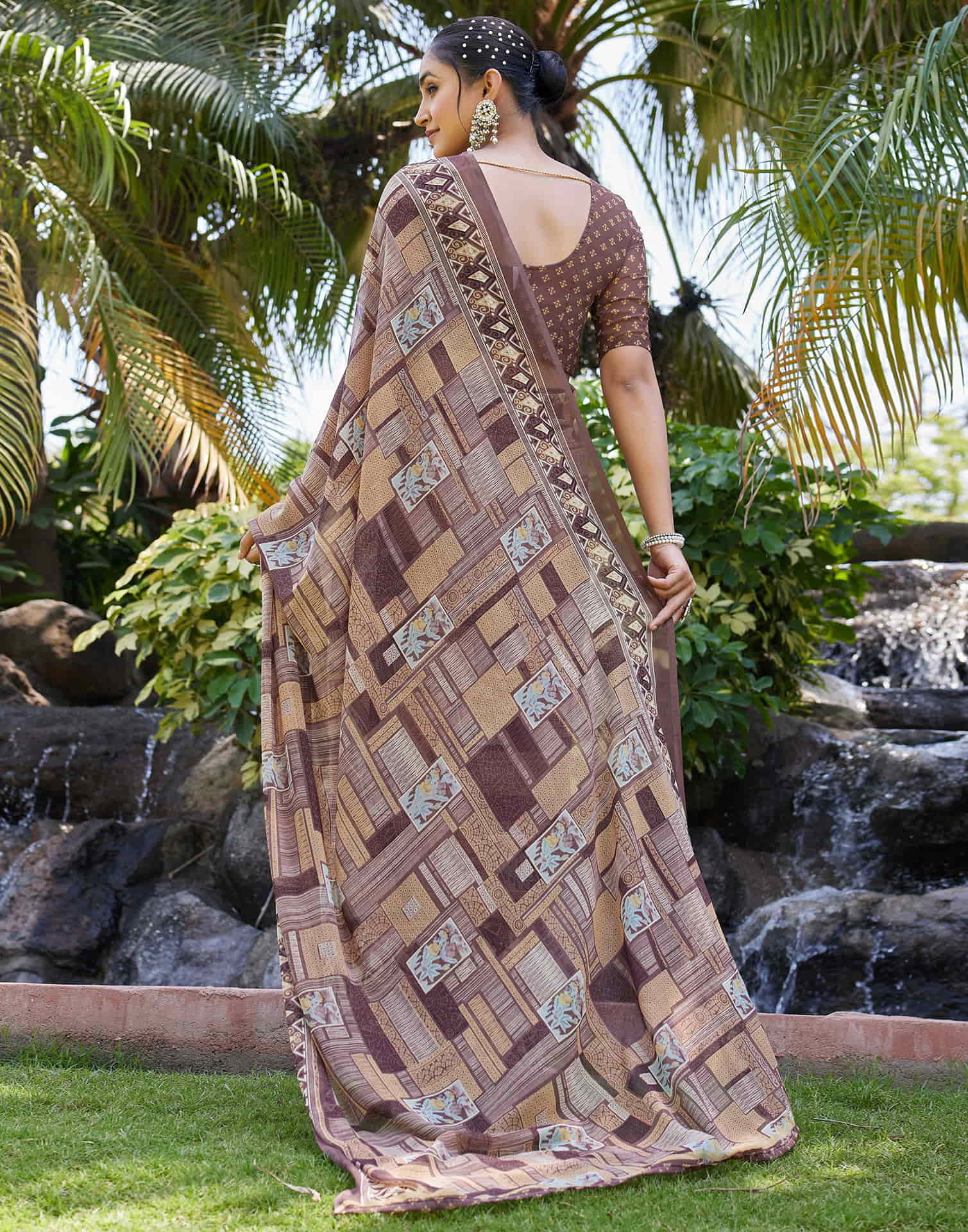 Brown Georgette Printed Saree