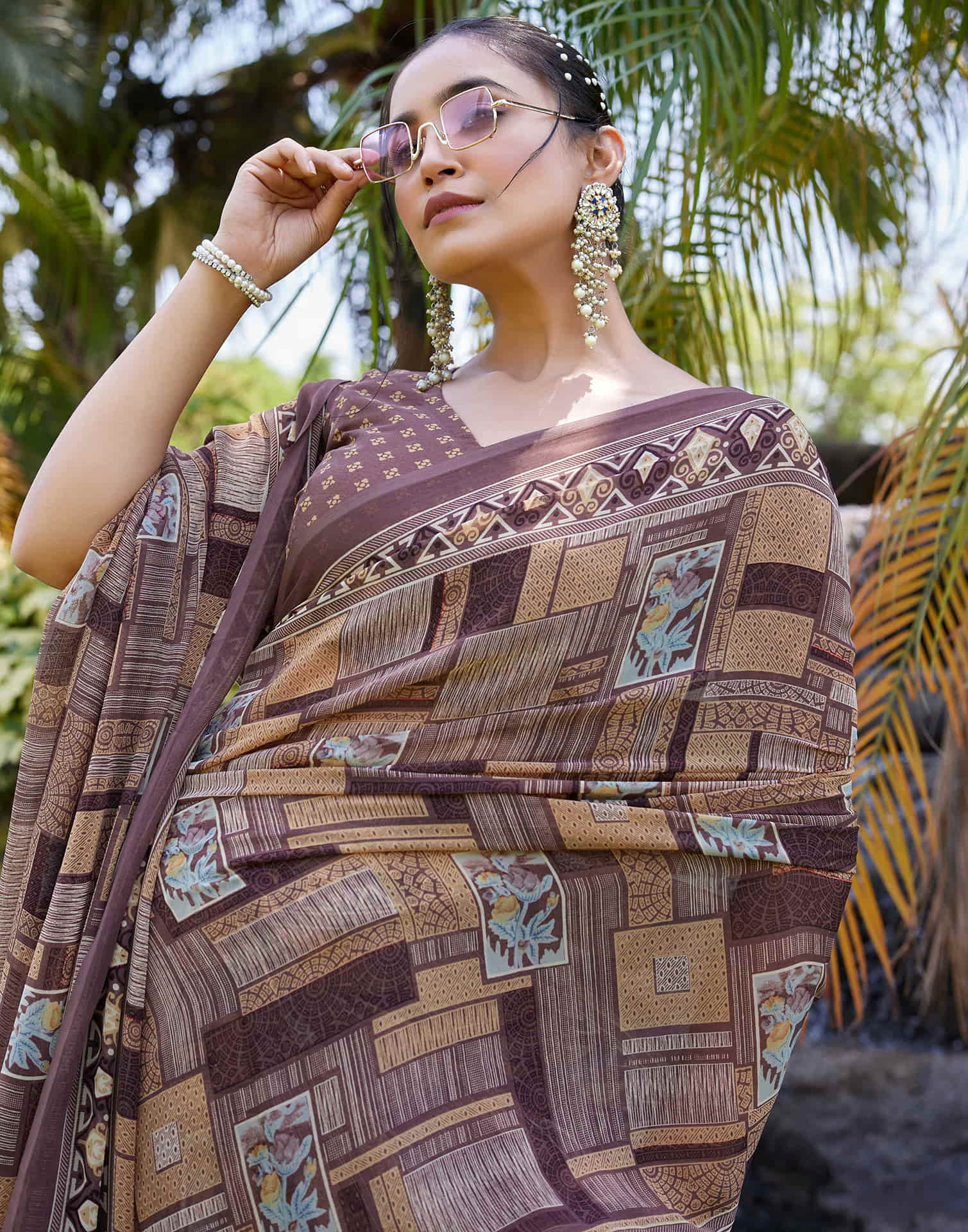 Brown Georgette Printed Saree