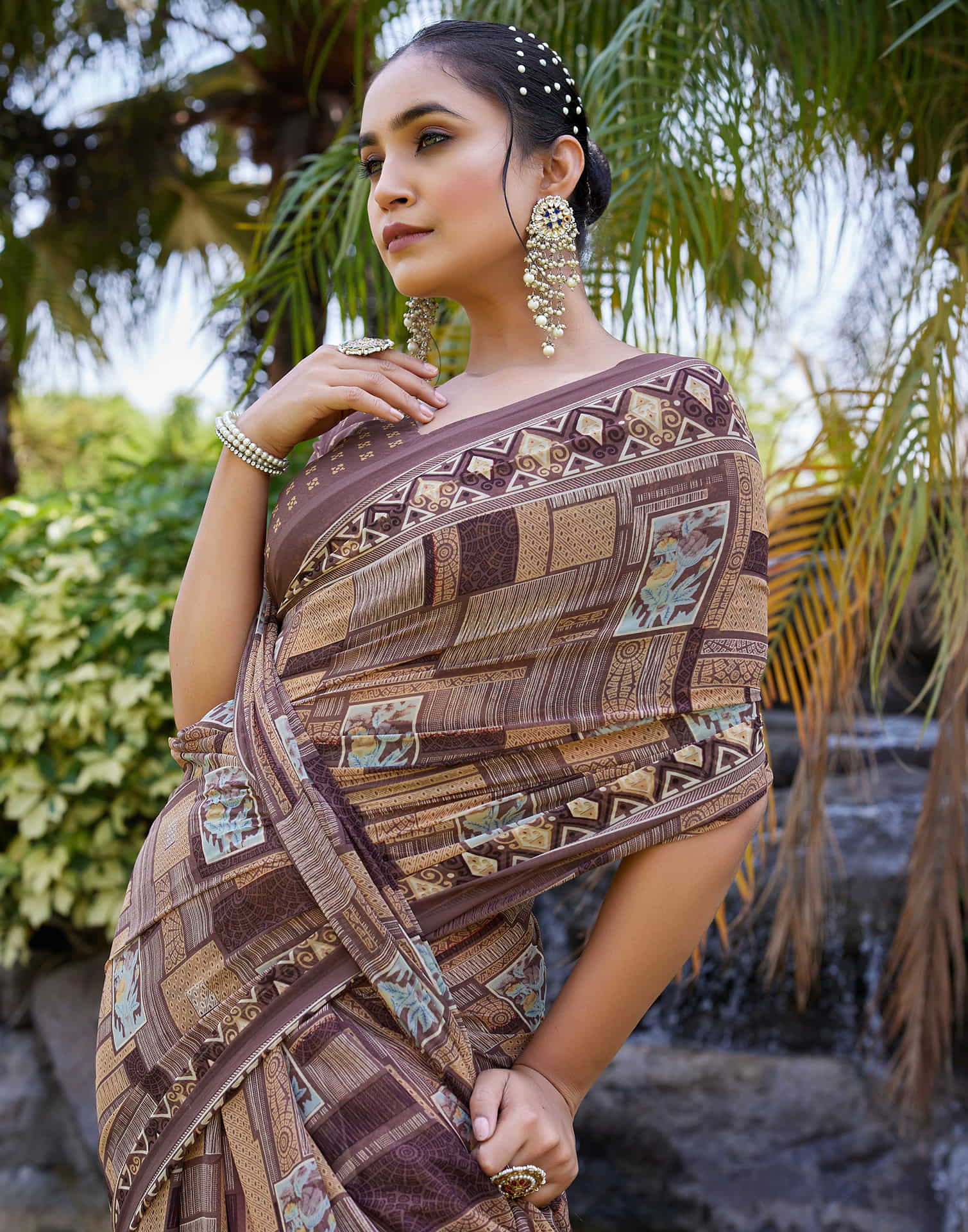 Brown Georgette Printed Saree