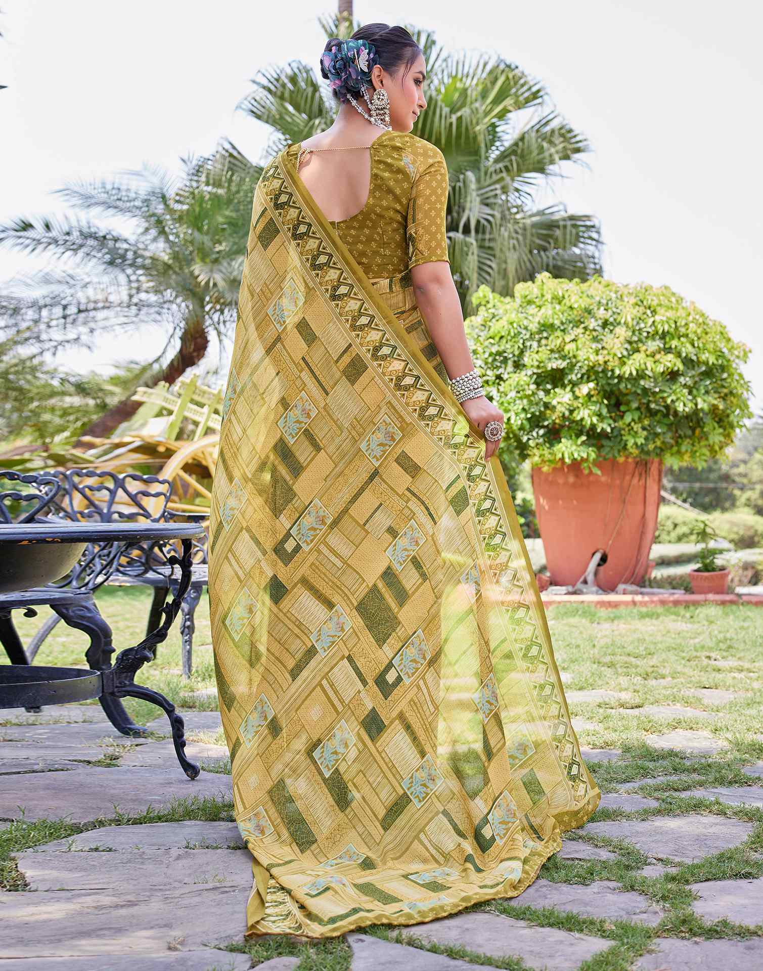 Mahendi Green Georgette Printed Saree