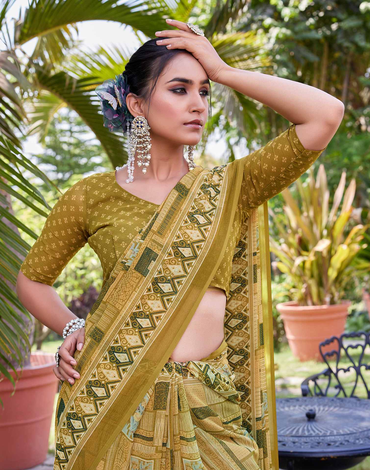 Mahendi Green Georgette Printed Saree