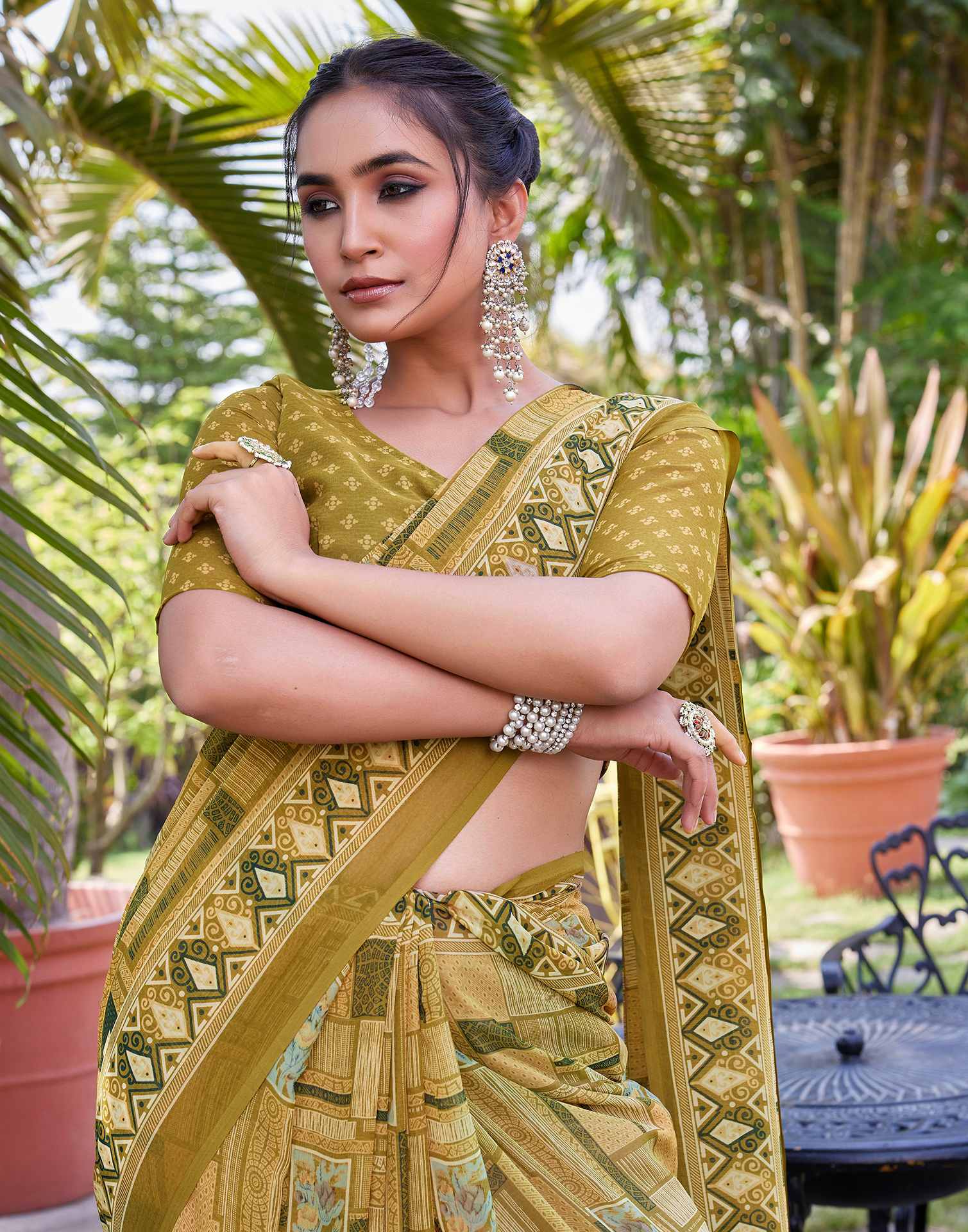 Mahendi Green Georgette Printed Saree