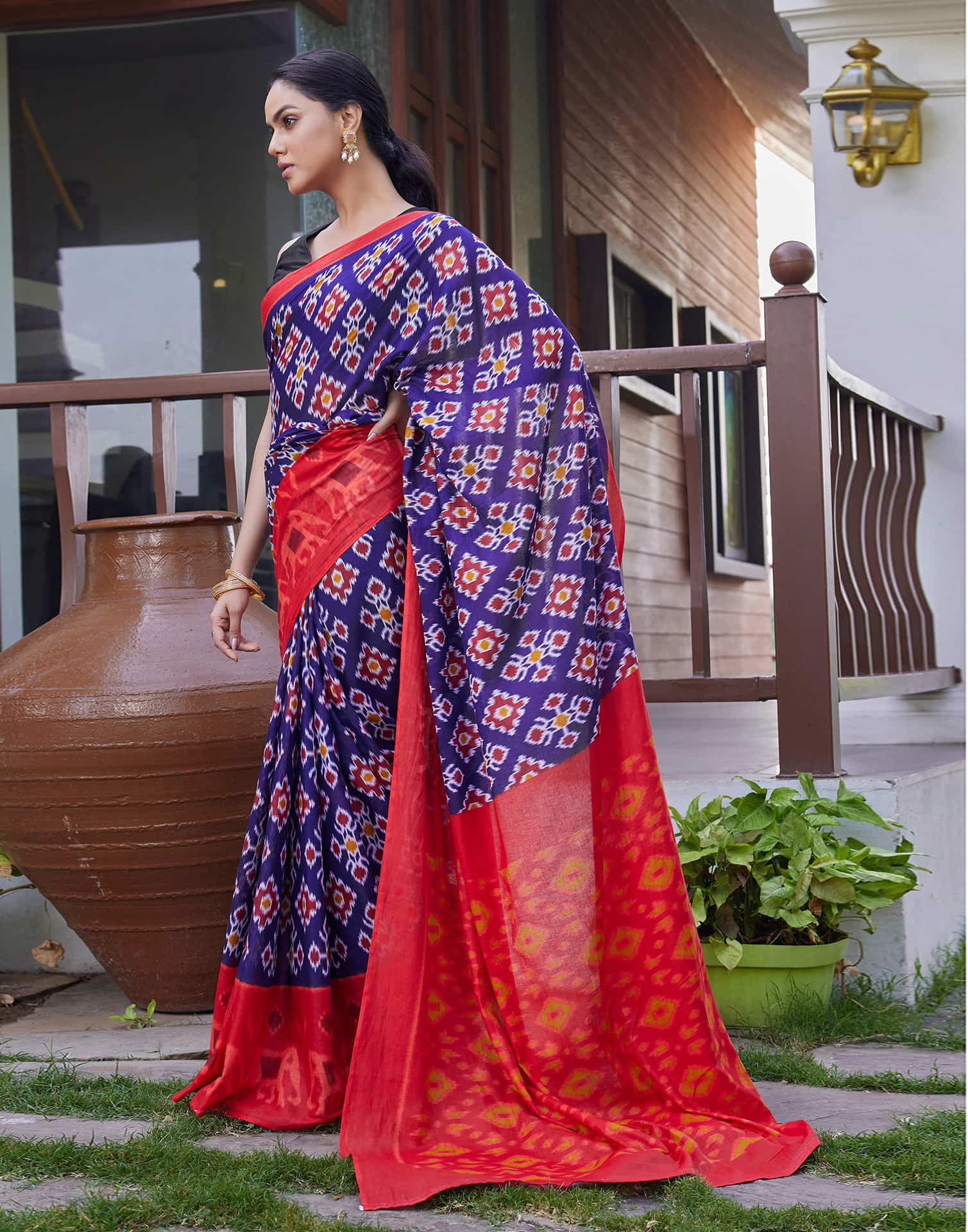 Dark Blue Cotton Ikkat Printed Saree