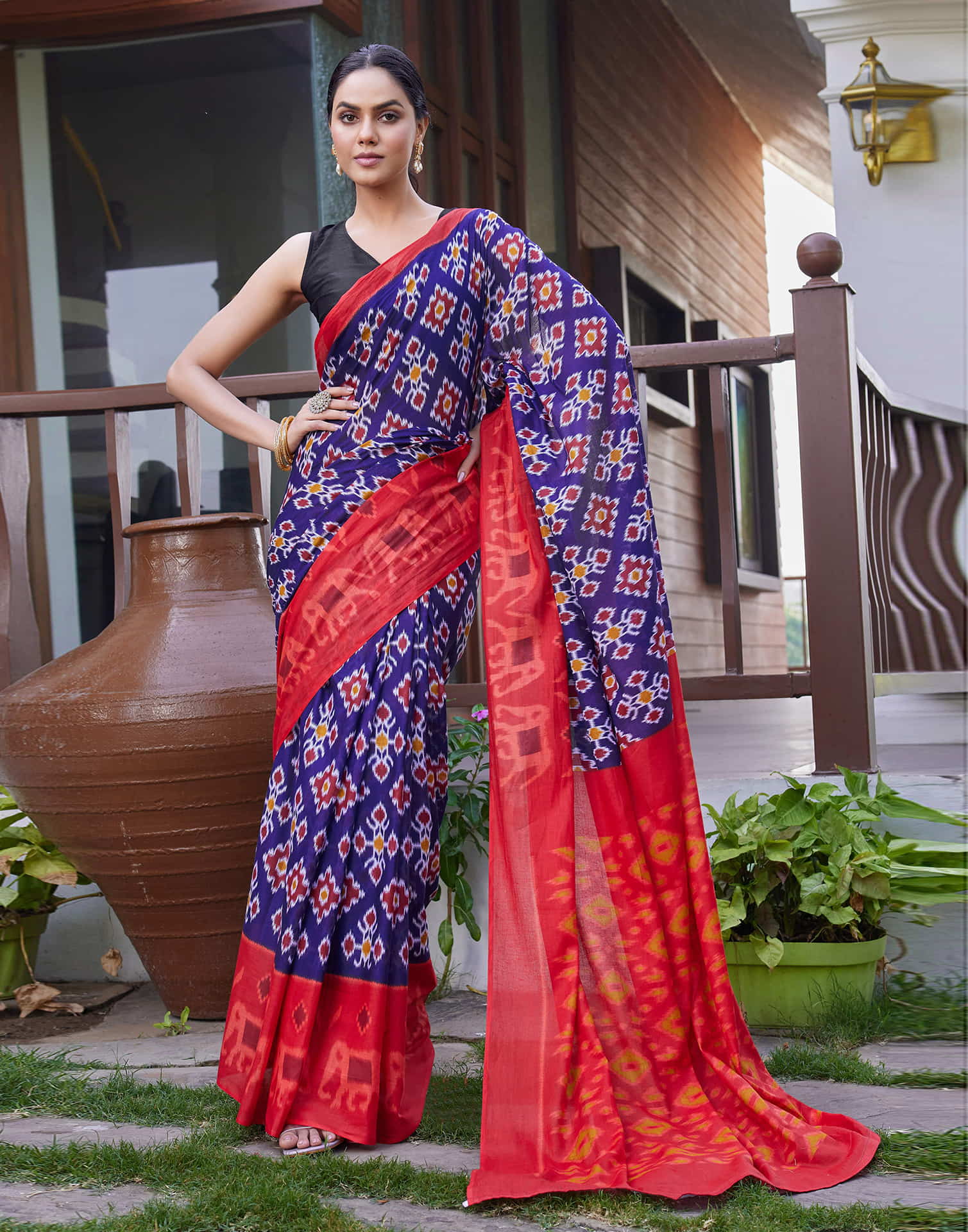 Dark Blue Cotton Ikkat Printed Saree