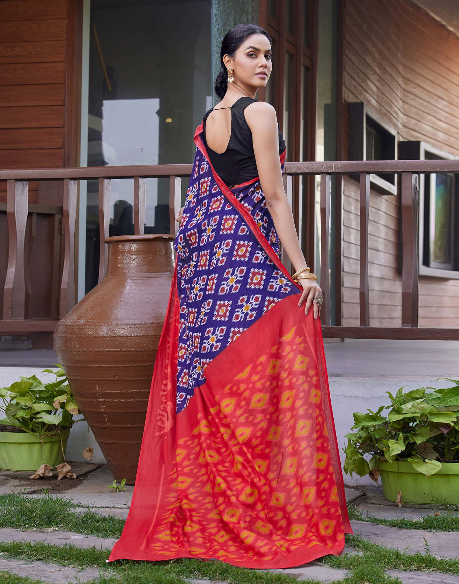 Dark Blue Cotton Ikkat Printed Saree
