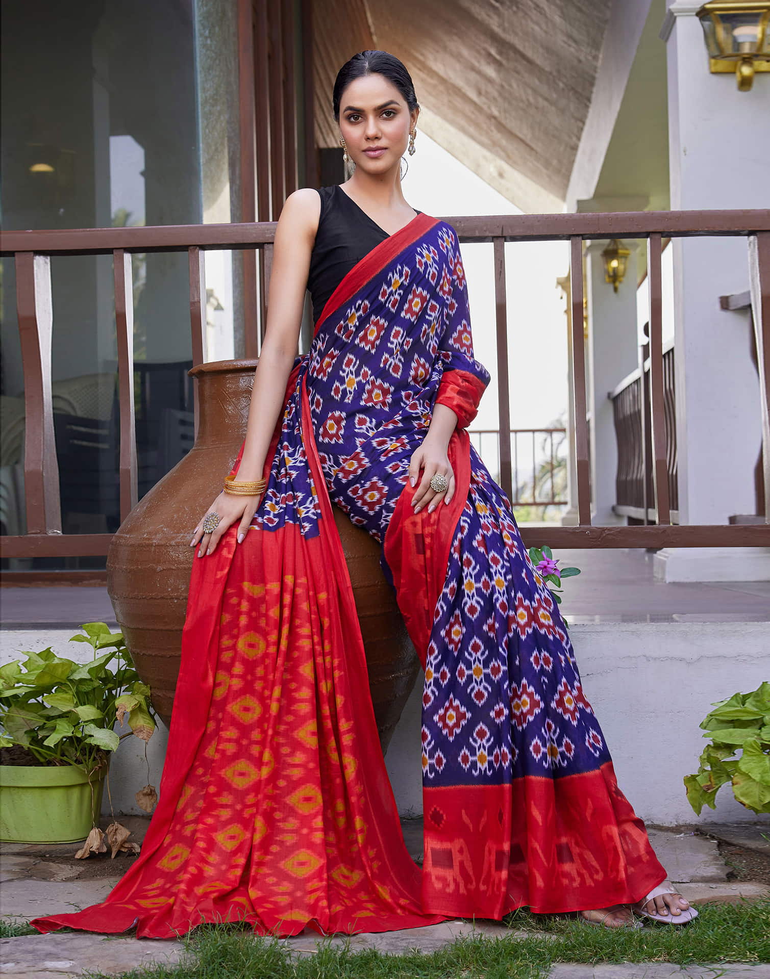 Dark Blue Cotton Ikkat Printed Saree