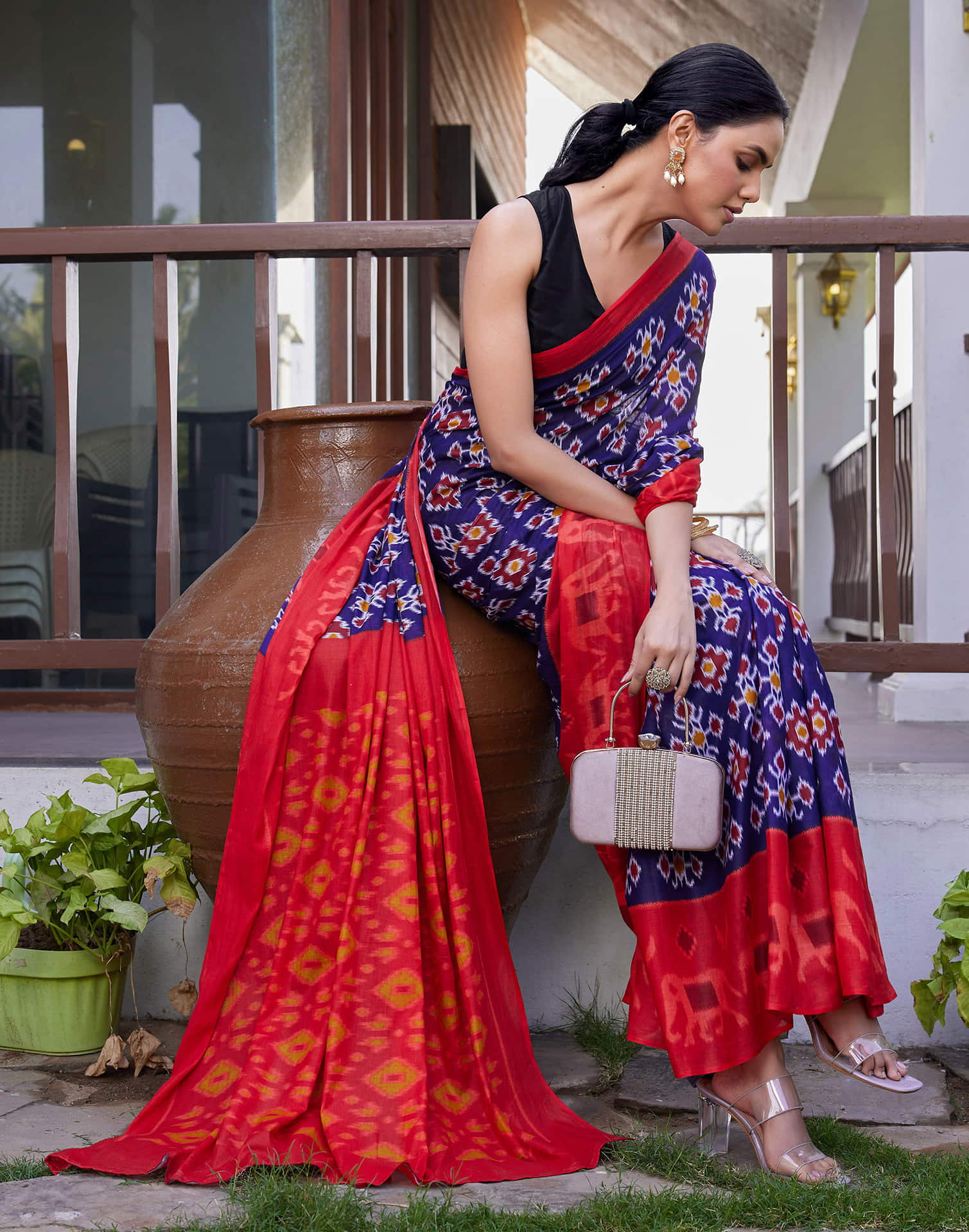 Dark Blue Cotton Ikkat Printed Saree