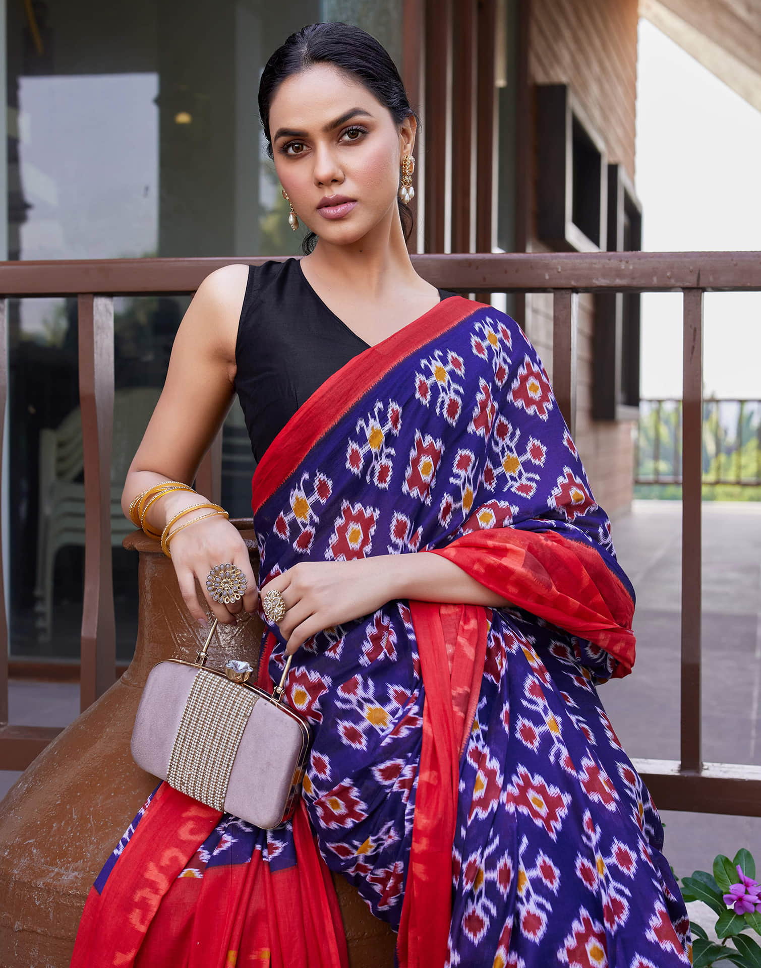 Dark Blue Cotton Ikkat Printed Saree