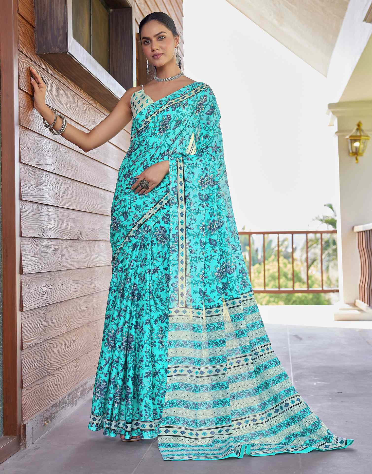 Turquoise Cotton Floral Printed Saree