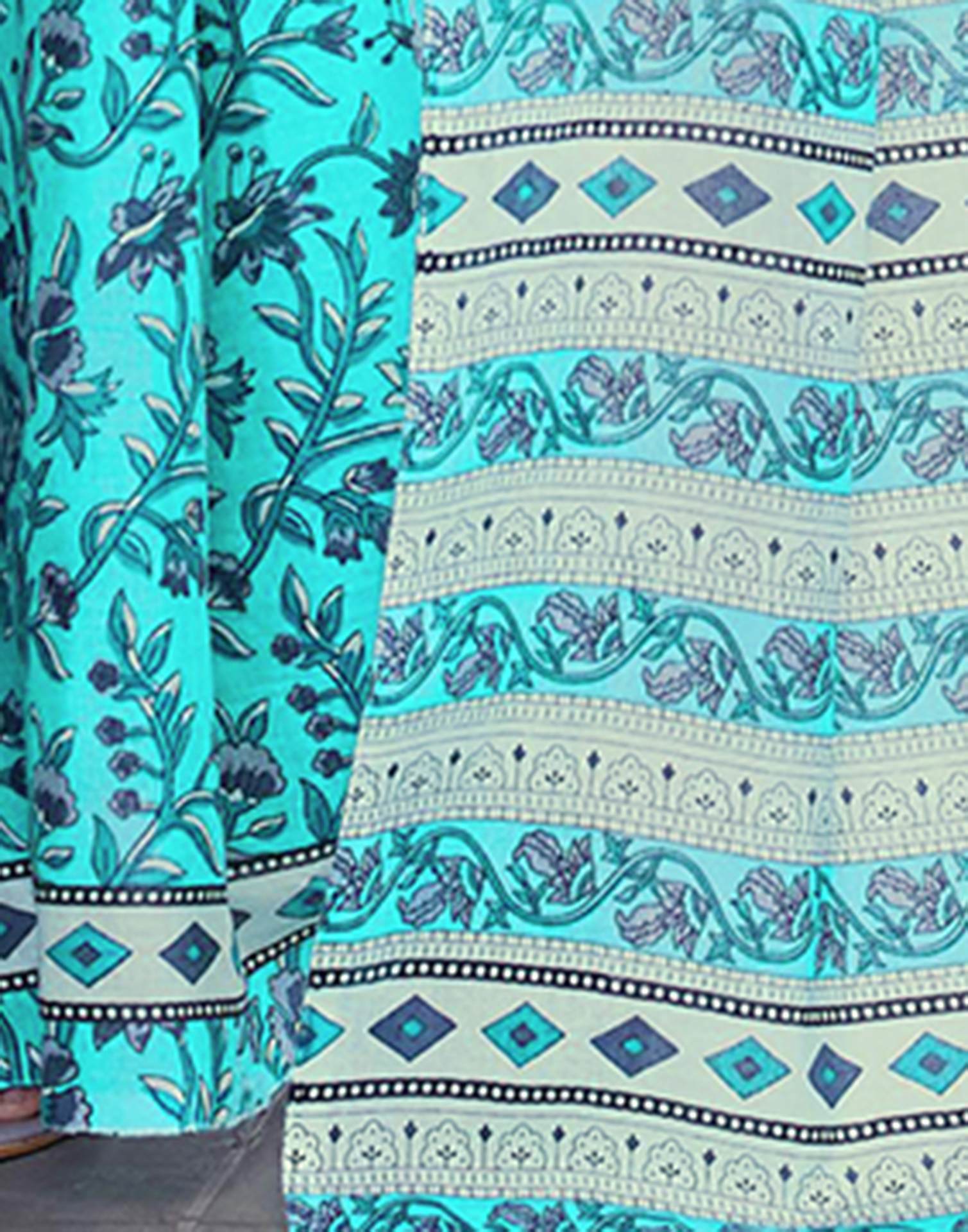 Turquoise Cotton Floral Printed Saree