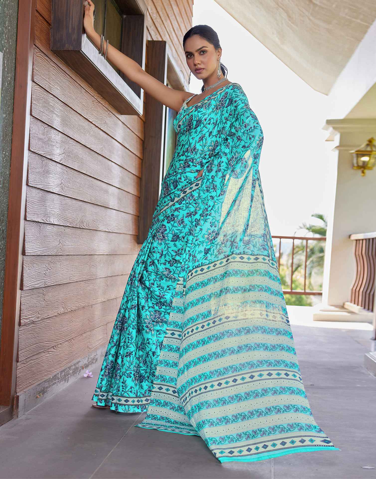 Turquoise Cotton Floral Printed Saree