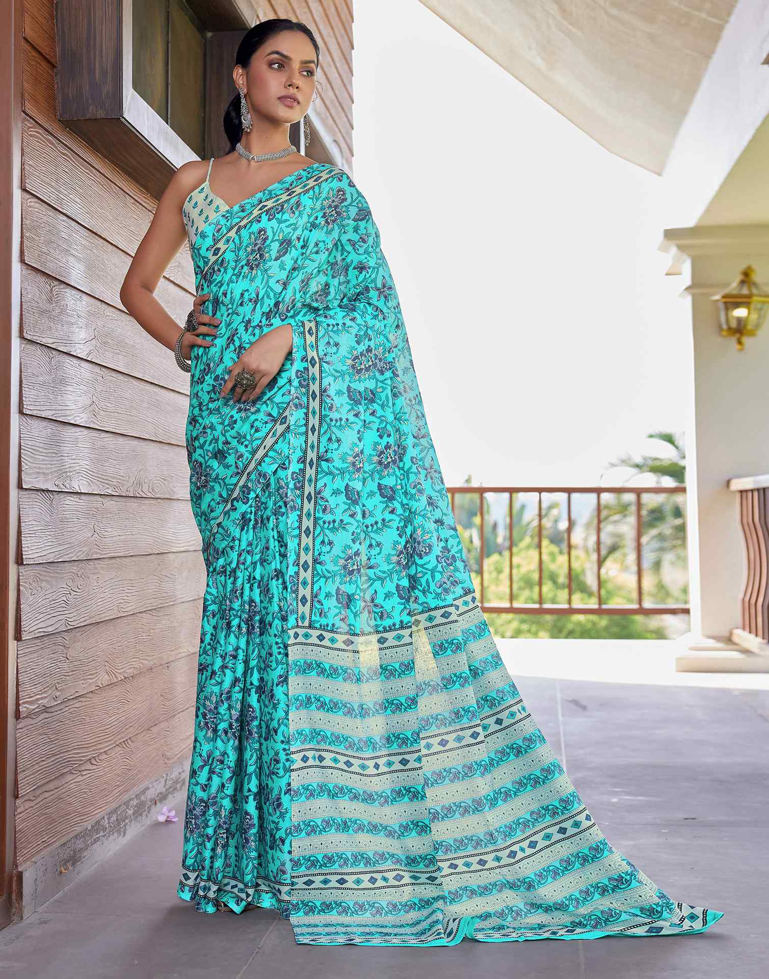 Turquoise Cotton Floral Printed Saree