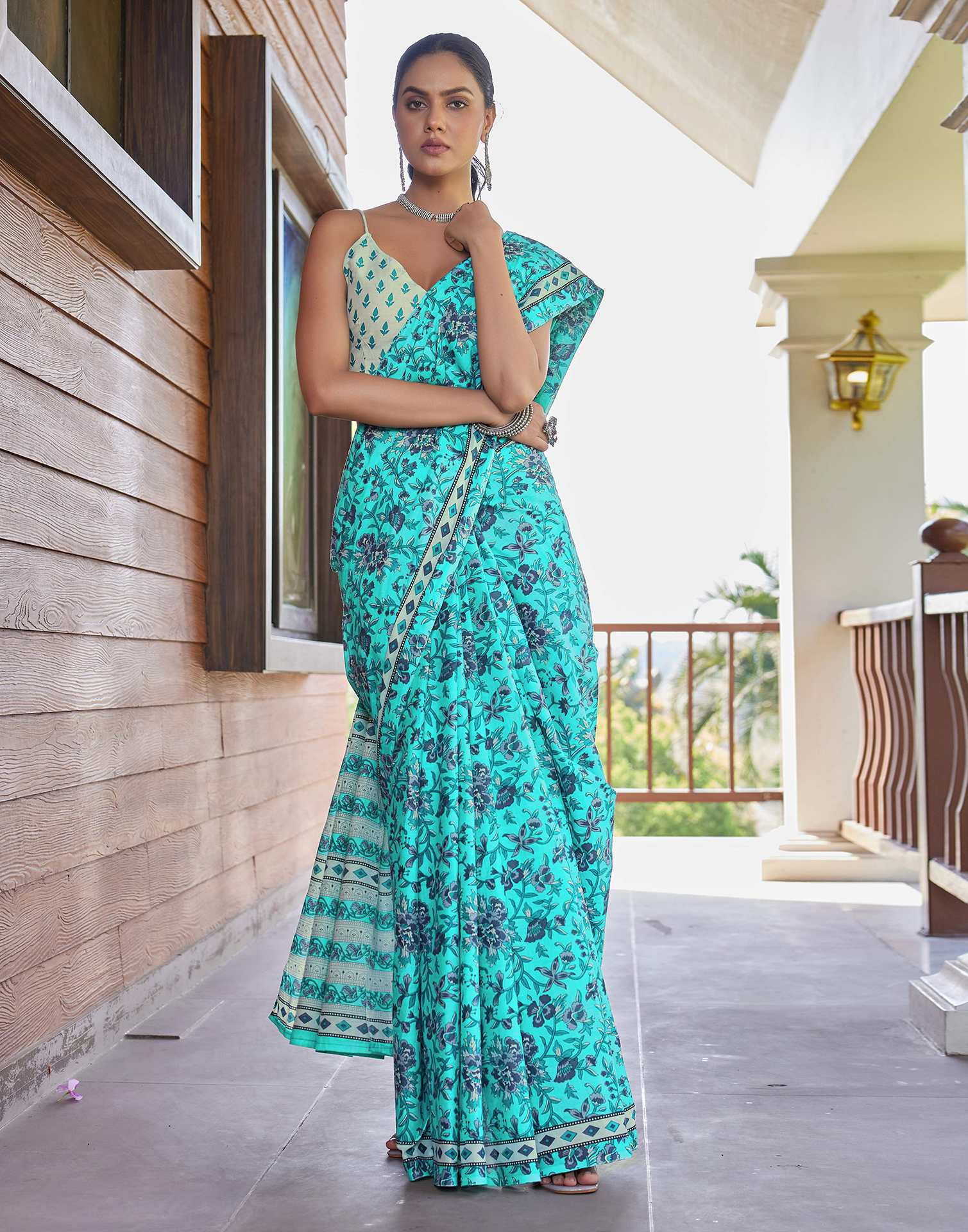 Turquoise Cotton Floral Printed Saree