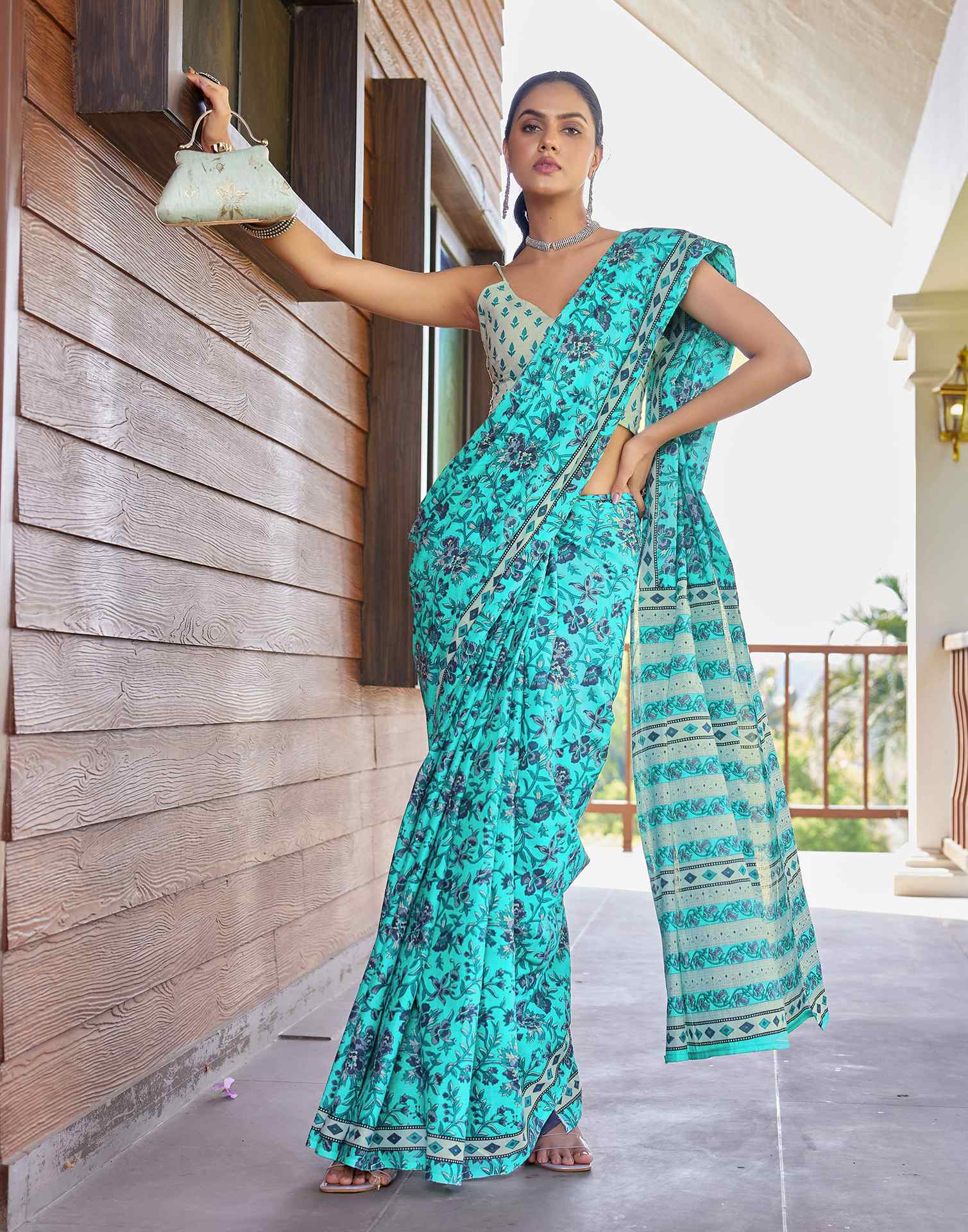 Turquoise Cotton Floral Printed Saree