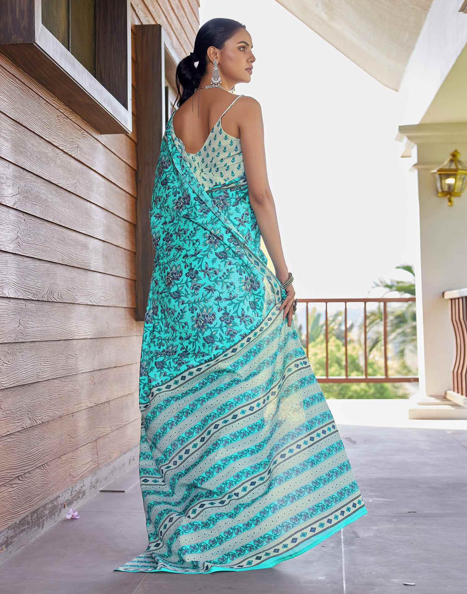 Turquoise Cotton Floral Printed Saree