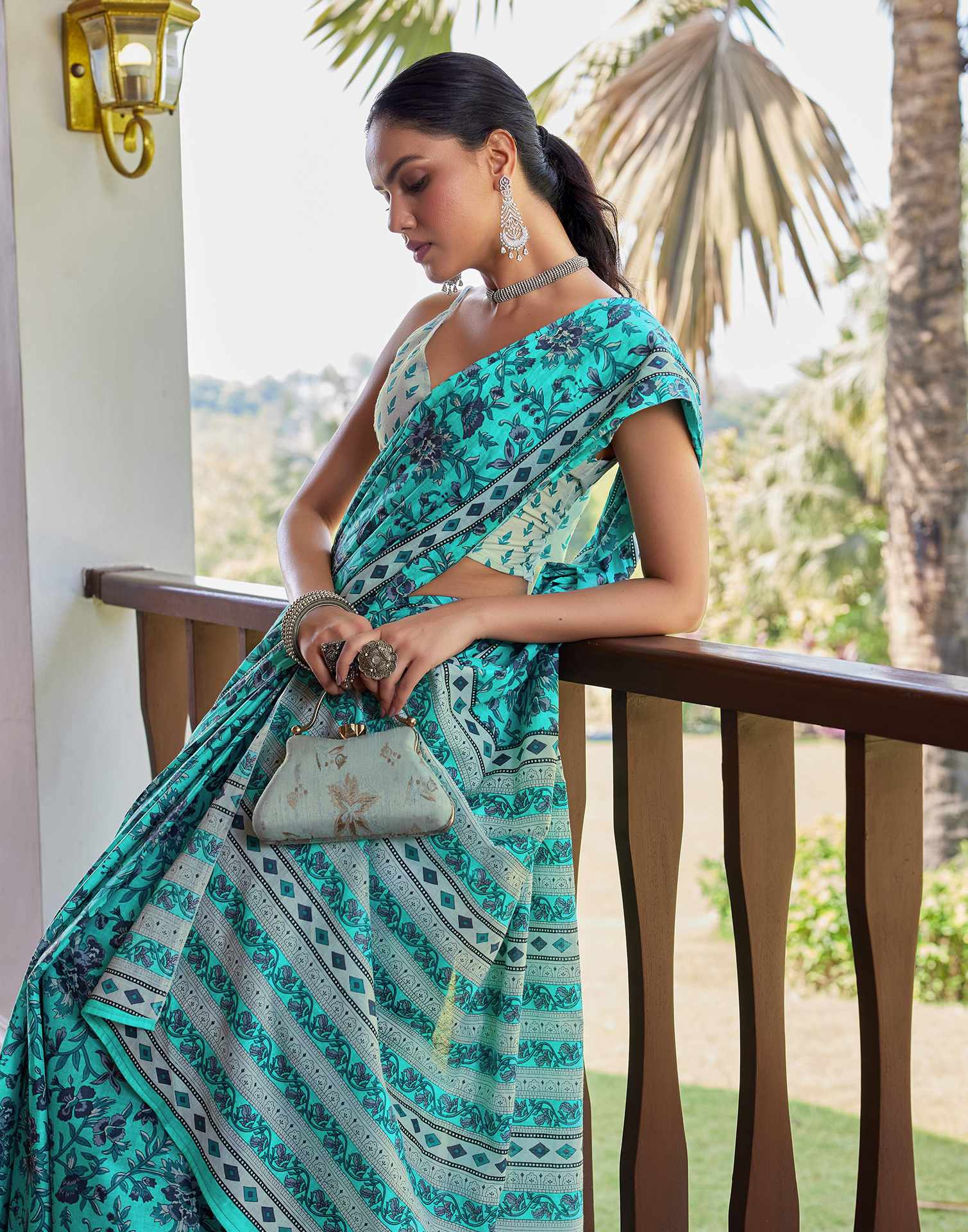 Turquoise Cotton Floral Printed Saree