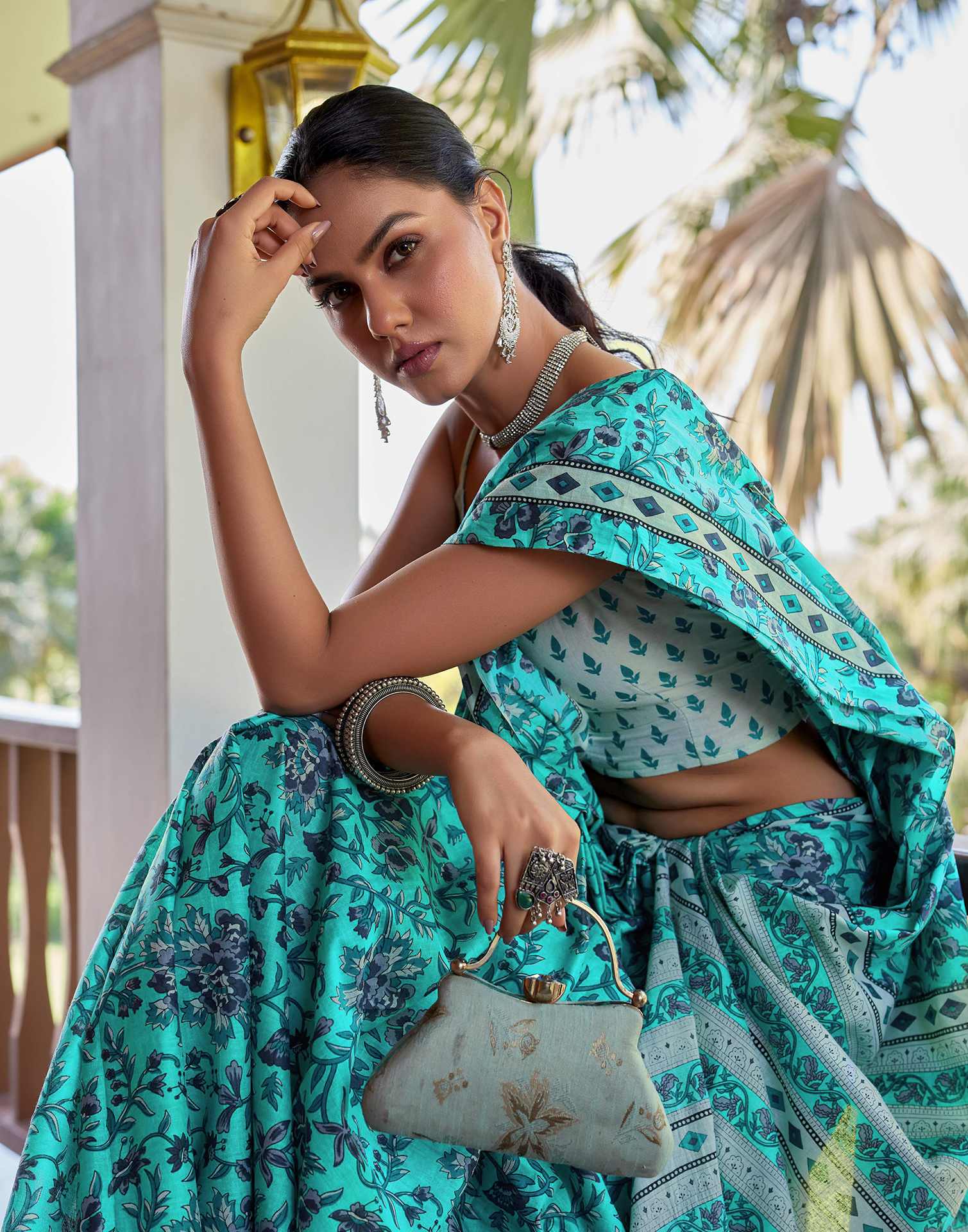 Turquoise Cotton Floral Printed Saree