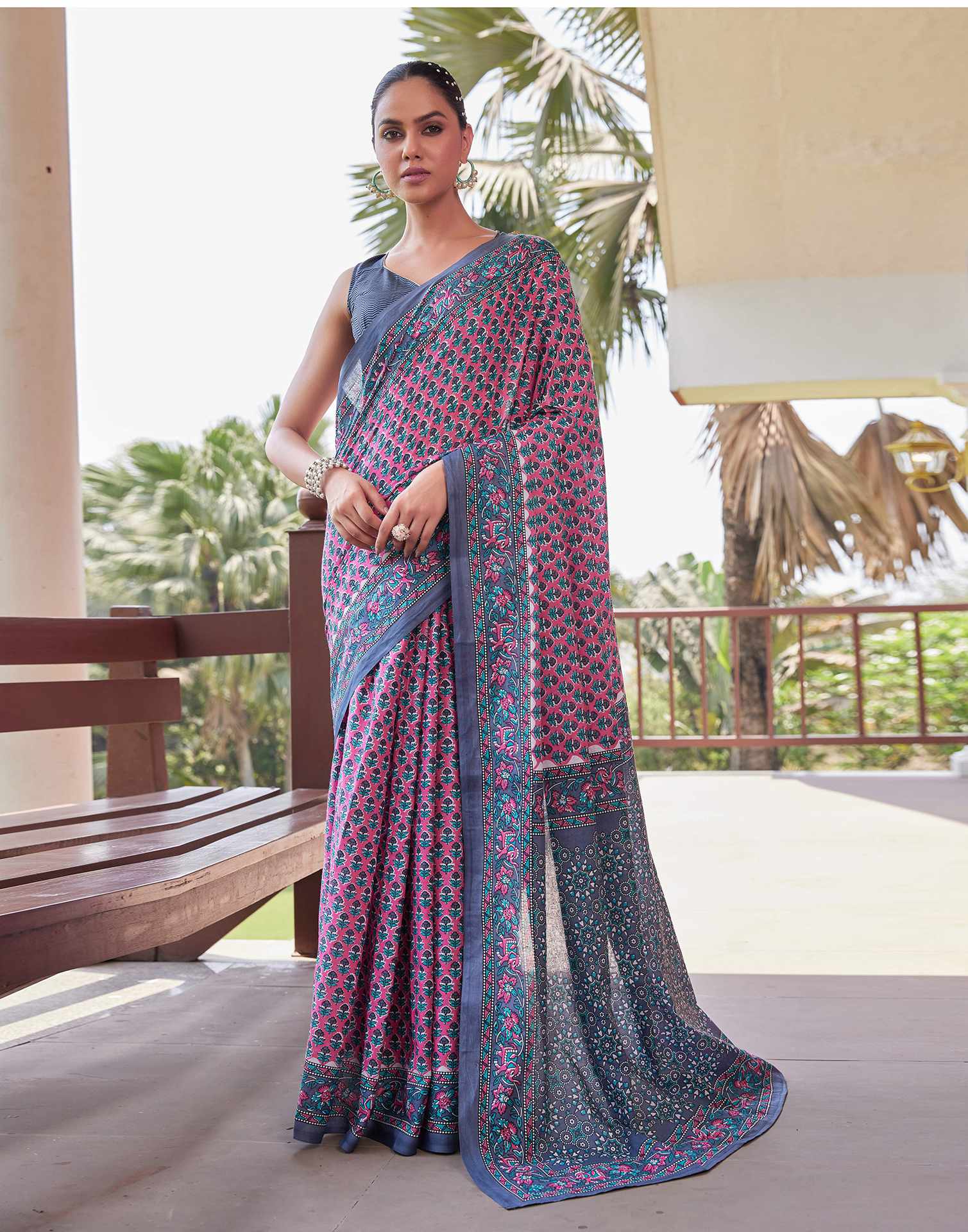 Pink Cotton Printed Saree