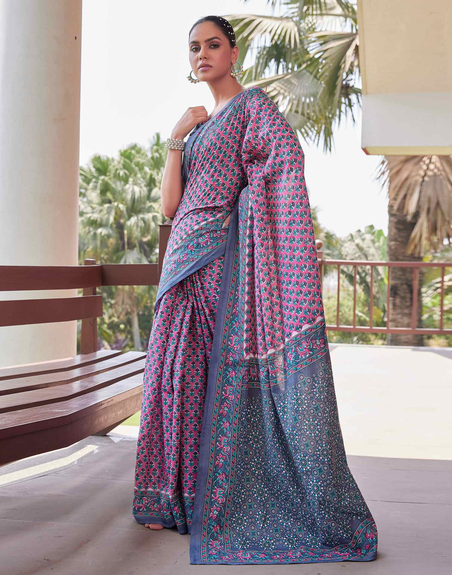 Pink Cotton Printed Saree